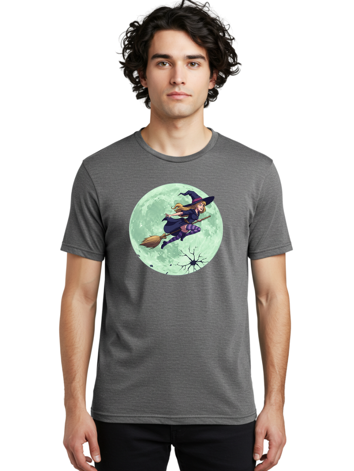 Witch-Flying-Broomstick Men'S Graphic Tee, 100% Cotton, Comfortable Casual Summer Wear, Machine Washable, Witch Flying On Broomstick, Full Moon, Halloween Magic, Fantasy Illustration, Mystical Night, Supernatural Creatures, Cartoon Style Bad919