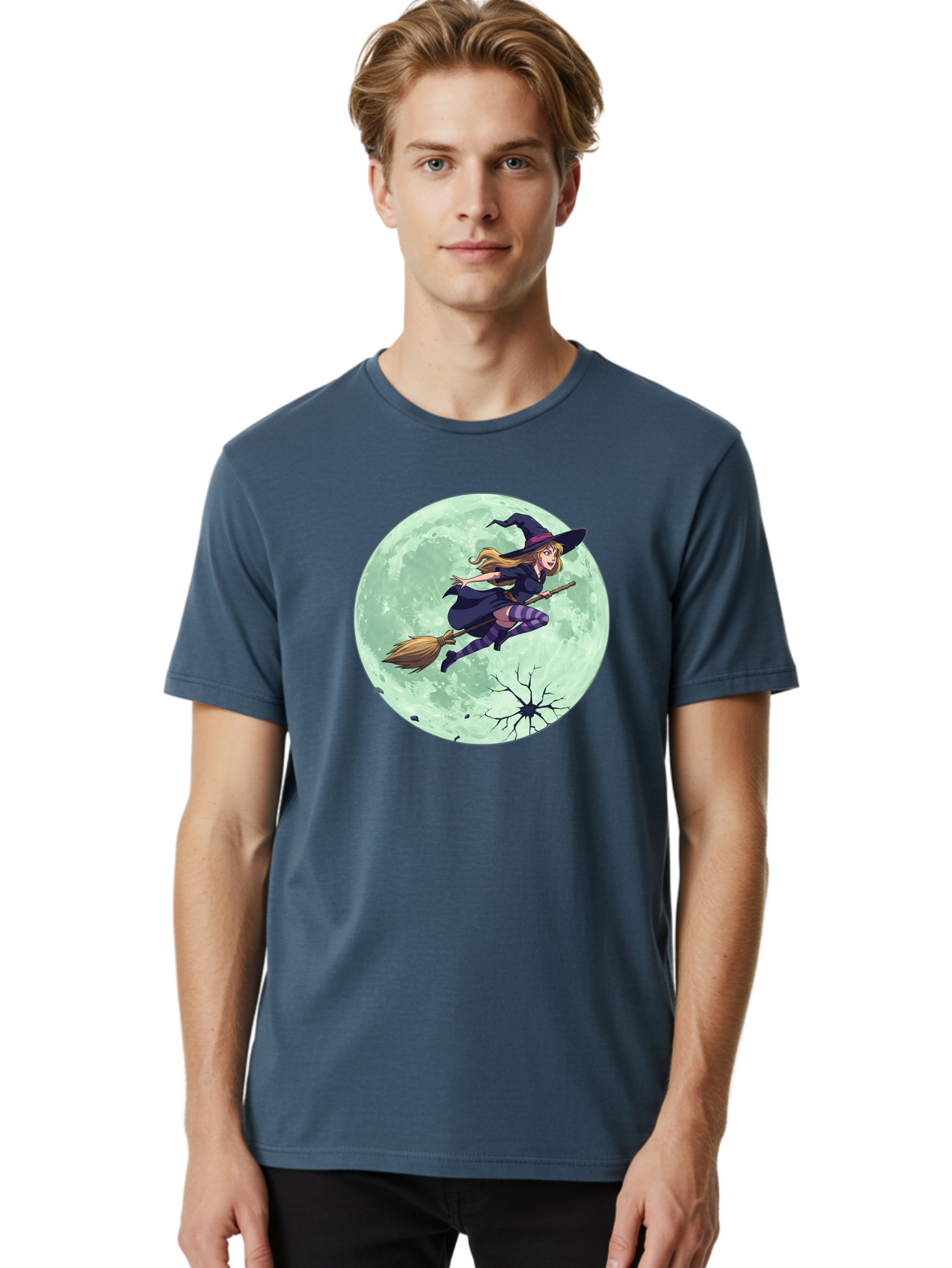 Witch-Flying-Broomstick Men'S Graphic Tee, 100% Cotton, Comfortable Casual Summer Wear, Machine Washable, Witch Flying On Broomstick, Full Moon, Halloween Magic, Fantasy Illustration, Mystical Night, Supernatural Creatures, Cartoon Style Bad919