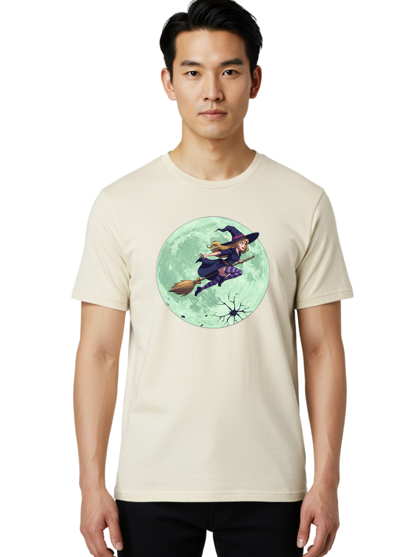 Witch-Flying-Broomstick Men'S Graphic Tee, 100% Cotton, Comfortable Casual Summer Wear, Machine Washable, Witch Flying On Broomstick, Full Moon, Halloween Magic, Fantasy Illustration, Mystical Night, Supernatural Creatures, Cartoon Style Bad919