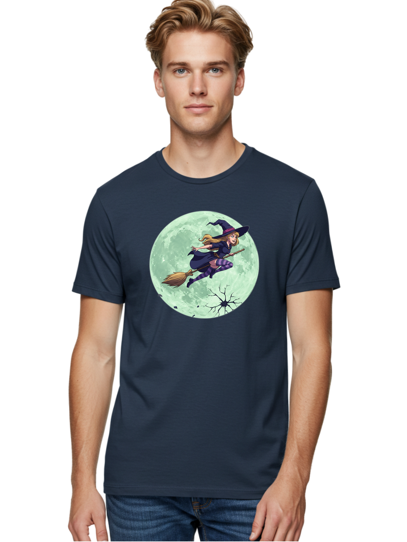 Witch-Flying-Broomstick Men'S Graphic Tee, 100% Cotton, Comfortable Casual Summer Wear, Machine Washable, Witch Flying On Broomstick, Full Moon, Halloween Magic, Fantasy Illustration, Mystical Night, Supernatural Creatures, Cartoon Style Bad919