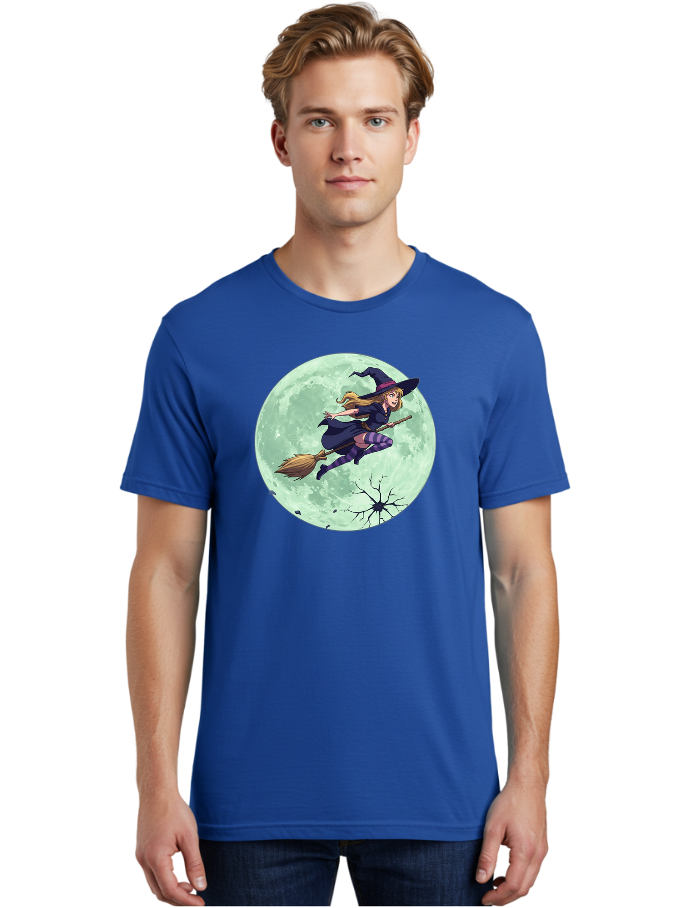 Witch-Flying-Broomstick Men'S Graphic Tee, 100% Cotton, Comfortable Casual Summer Wear, Machine Washable, Witch Flying On Broomstick, Full Moon, Halloween Magic, Fantasy Illustration, Mystical Night, Supernatural Creatures, Cartoon Style Bad919