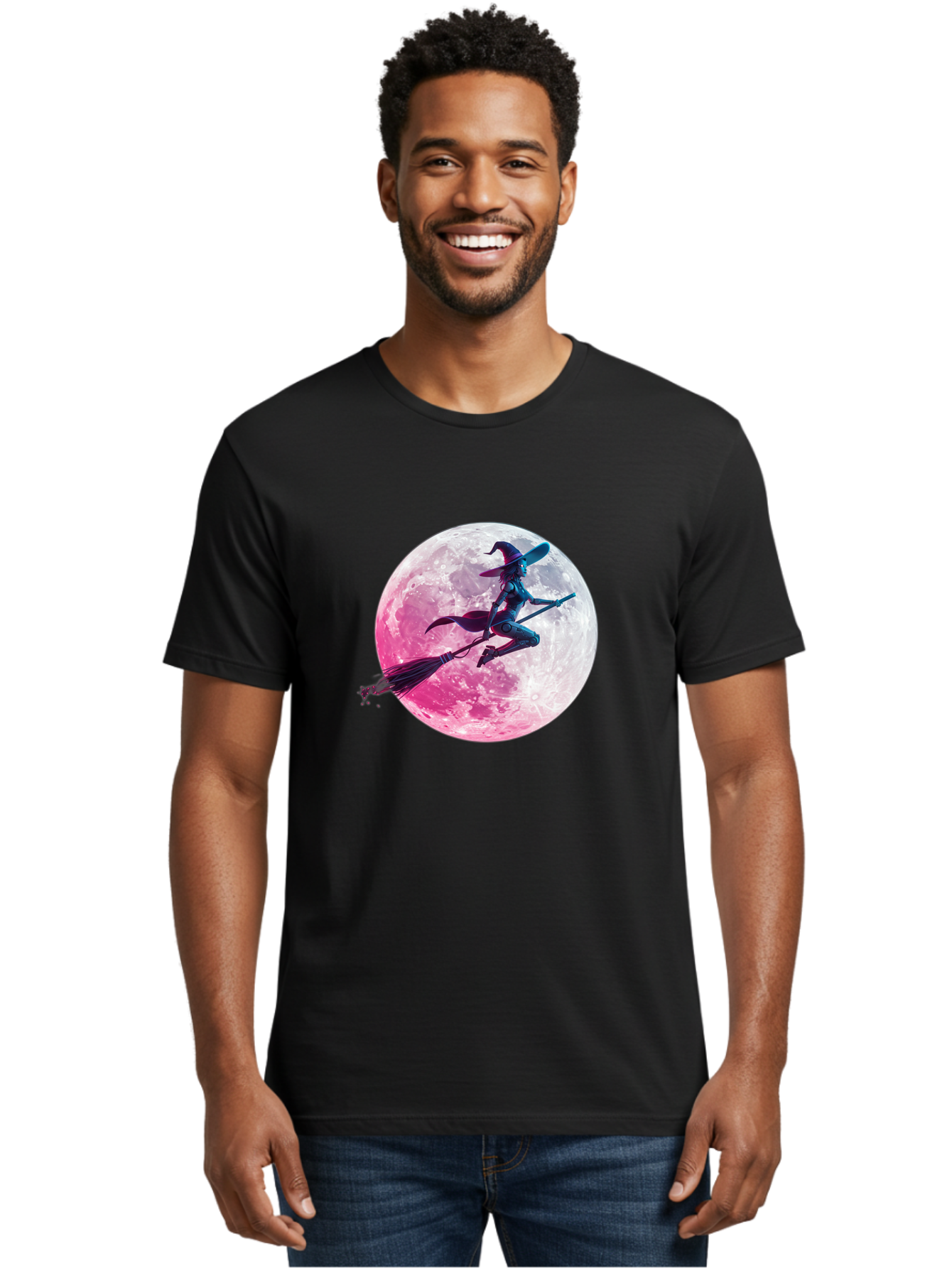 Witch-Flying-On-Broomstick-1 Men'S Graphic Tee, 100% Cotton, Comfortable Casual Summer Wear, Machine Washable, Witch Flying On Broomstick, Full Moon, Mystical Powers, Magical Night, Fantasy Scene, Supernatural Being, Occult Practices, Bad920
