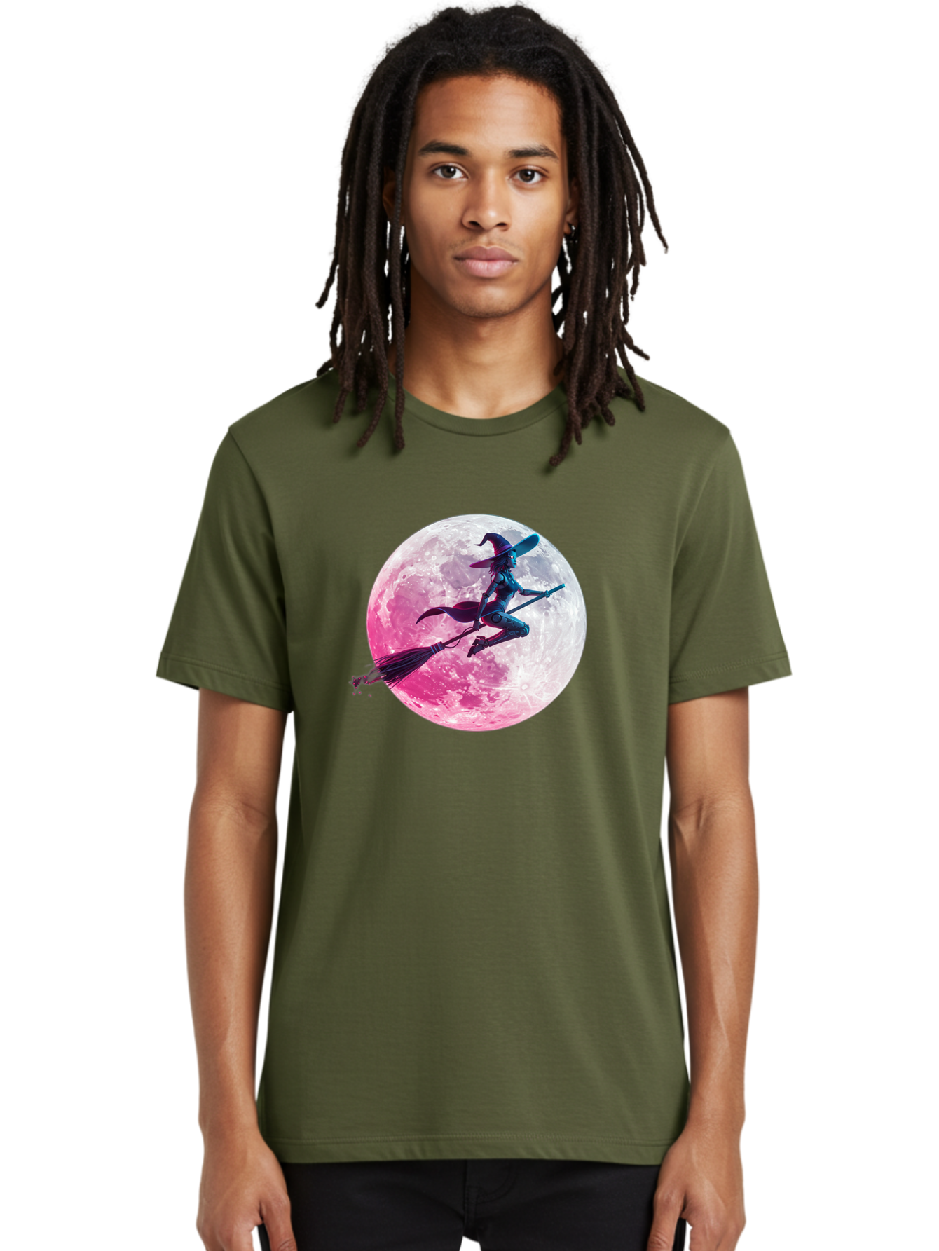 Witch-Flying-On-Broomstick-1 Men'S Graphic Tee, 100% Cotton, Comfortable Casual Summer Wear, Machine Washable, Witch Flying On Broomstick, Full Moon, Mystical Powers, Magical Night, Fantasy Scene, Supernatural Being, Occult Practices, Bad920