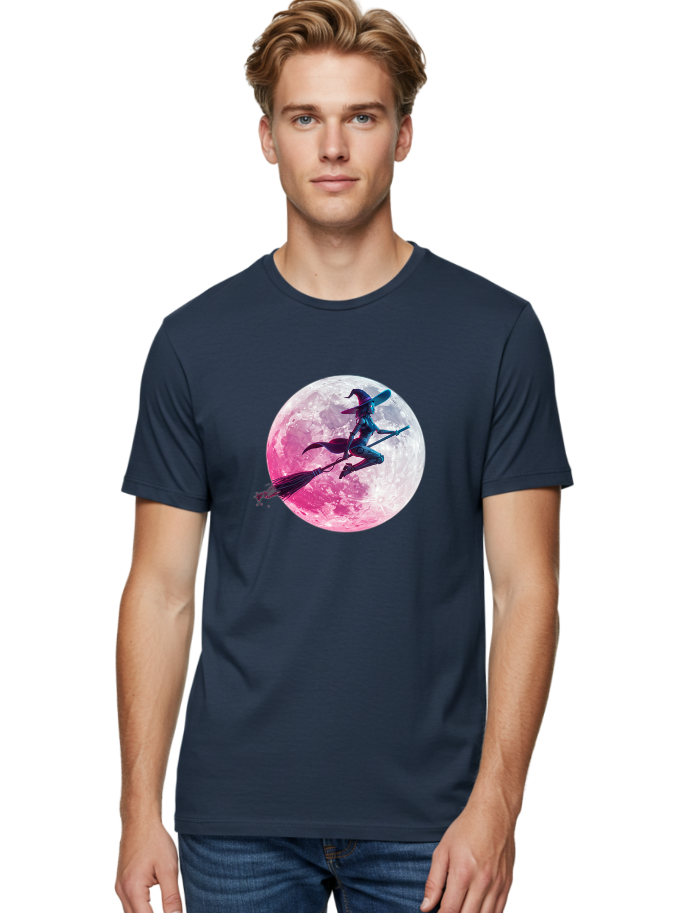 Witch-Flying-On-Broomstick-1 Men'S Graphic Tee, 100% Cotton, Comfortable Casual Summer Wear, Machine Washable, Witch Flying On Broomstick, Full Moon, Mystical Powers, Magical Night, Fantasy Scene, Supernatural Being, Occult Practices, Bad920