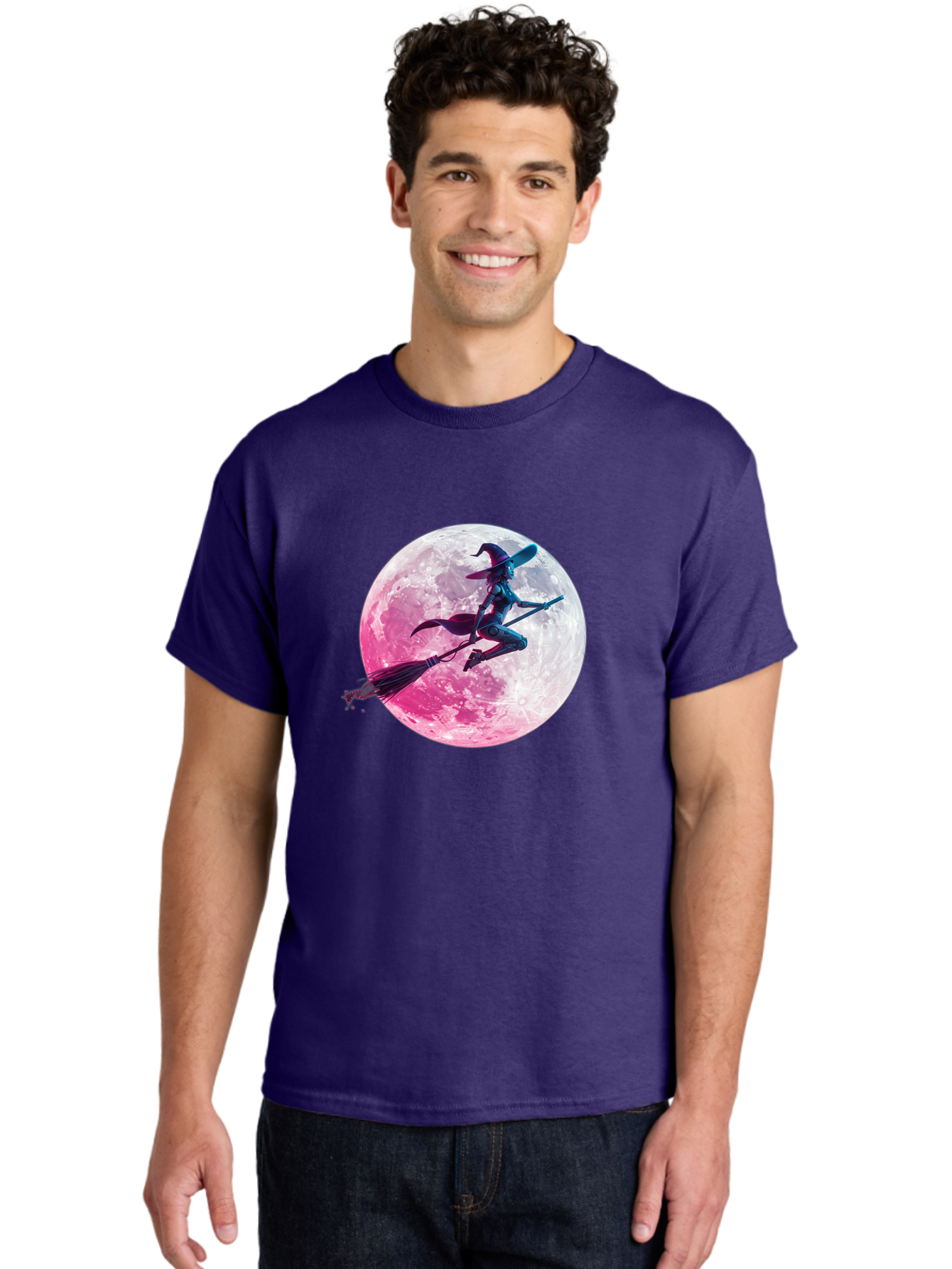 Witch-Flying-On-Broomstick-1 Men'S Graphic Tee, 100% Cotton, Comfortable Casual Summer Wear, Machine Washable, Witch Flying On Broomstick, Full Moon, Mystical Powers, Magical Night, Fantasy Scene, Supernatural Being, Occult Practices, Bad920