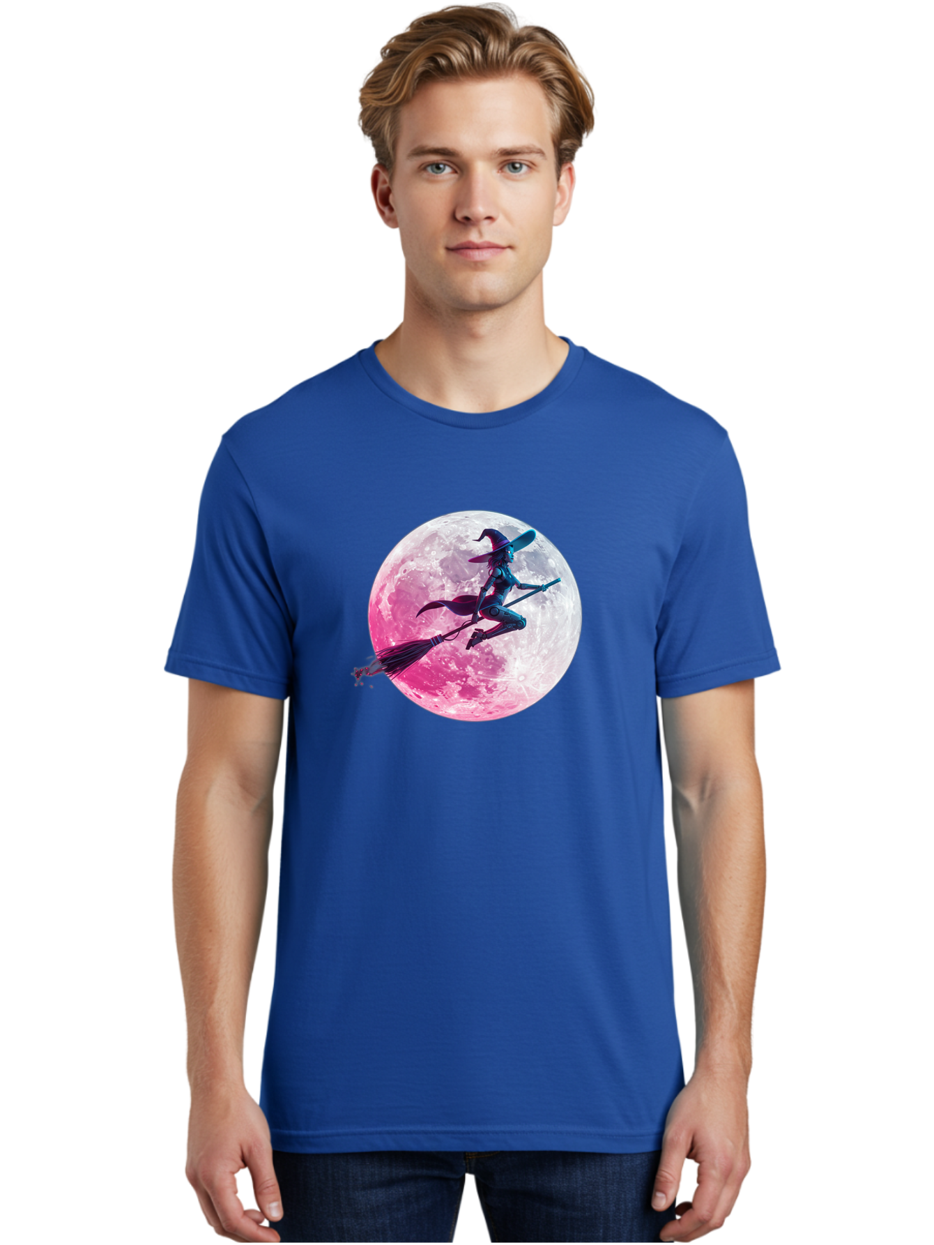 Witch-Flying-On-Broomstick-1 Men'S Graphic Tee, 100% Cotton, Comfortable Casual Summer Wear, Machine Washable, Witch Flying On Broomstick, Full Moon, Mystical Powers, Magical Night, Fantasy Scene, Supernatural Being, Occult Practices, Bad920