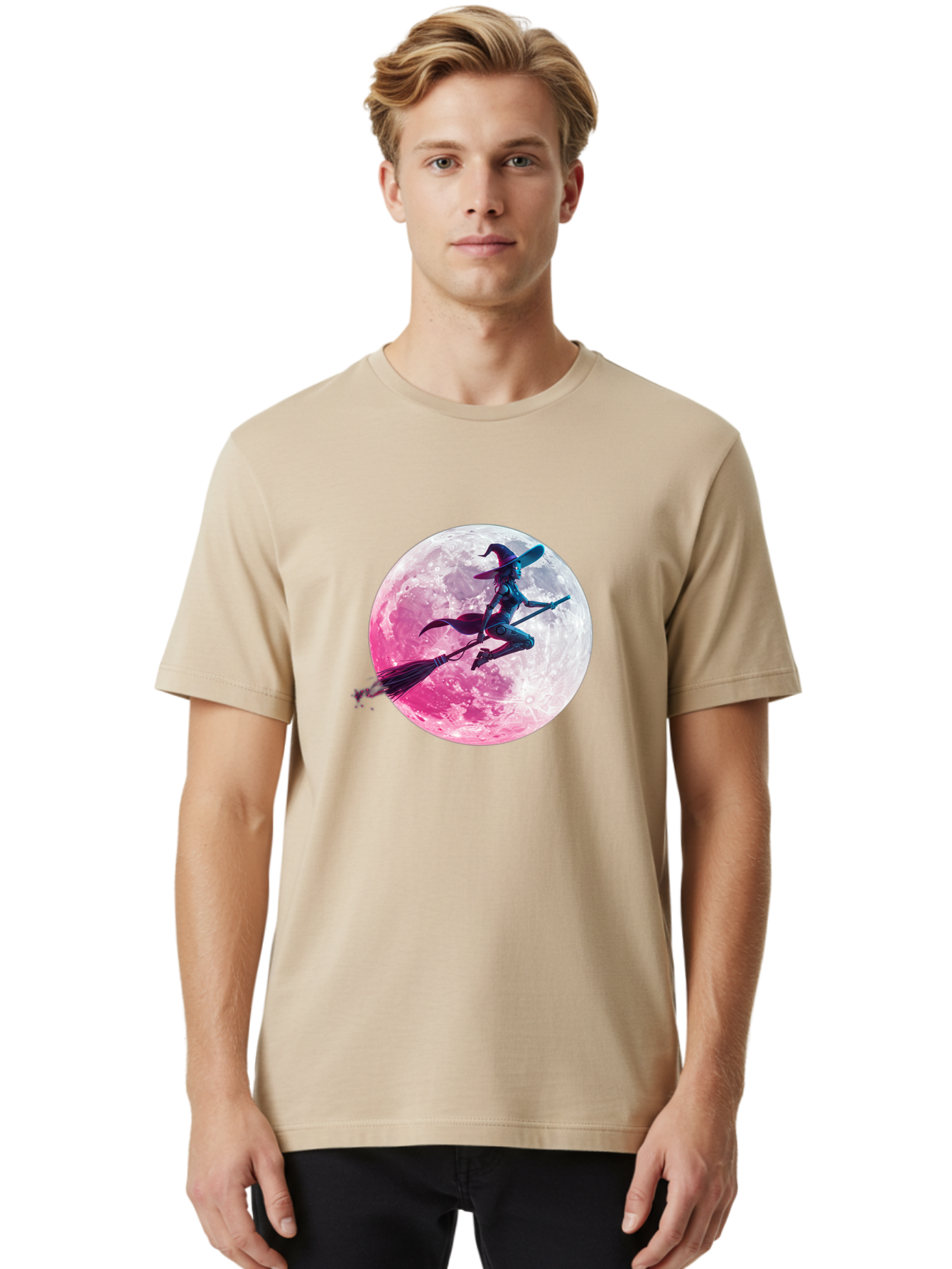 Witch-Flying-On-Broomstick-1 Men'S Graphic Tee, 100% Cotton, Comfortable Casual Summer Wear, Machine Washable, Witch Flying On Broomstick, Full Moon, Mystical Powers, Magical Night, Fantasy Scene, Supernatural Being, Occult Practices, Bad920