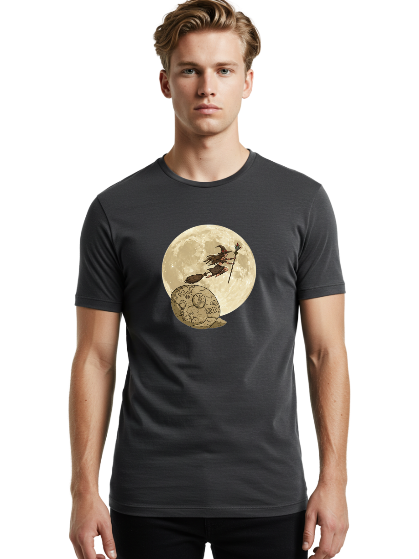 Witch-Flying-On-Broomstick-2 Men'S Graphic Tee, 100% Cotton, Comfortable Casual Summer Wear, Machine Washable, Witch Flying On Broomstick, Full Moon, Mystical Symbols, Lunar Magic, Fantasy Art, Halloween Theme, Mystical Creatures, Bad921