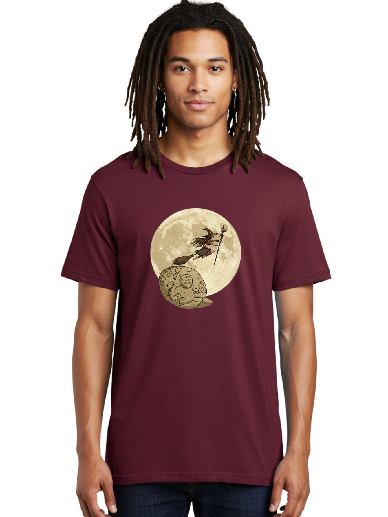 Witch-Flying-On-Broomstick-2 Men'S Graphic Tee, 100% Cotton, Comfortable Casual Summer Wear, Machine Washable, Witch Flying On Broomstick, Full Moon, Mystical Symbols, Lunar Magic, Fantasy Art, Halloween Theme, Mystical Creatures, Bad921