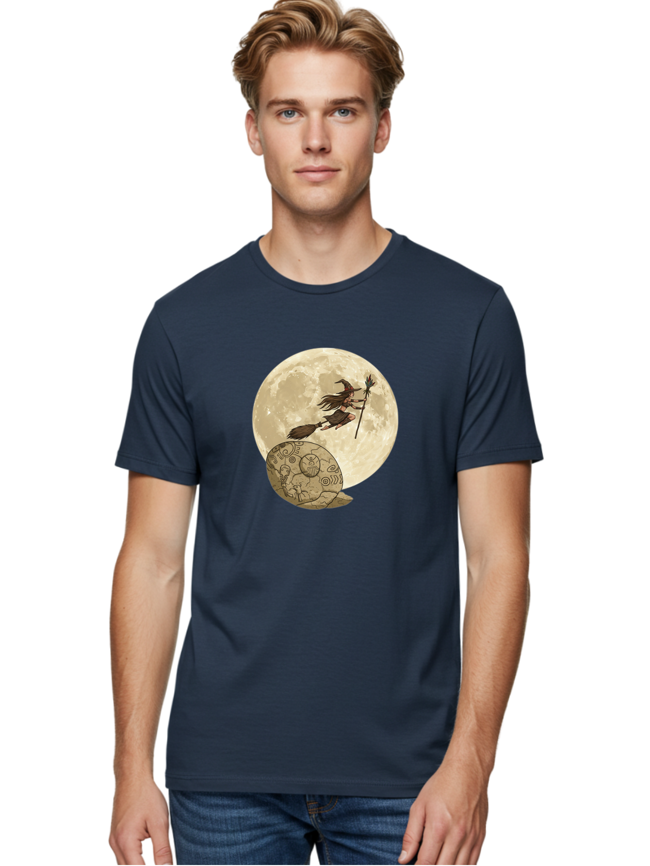 Witch-Flying-On-Broomstick-2 Men'S Graphic Tee, 100% Cotton, Comfortable Casual Summer Wear, Machine Washable, Witch Flying On Broomstick, Full Moon, Mystical Symbols, Lunar Magic, Fantasy Art, Halloween Theme, Mystical Creatures, Bad921