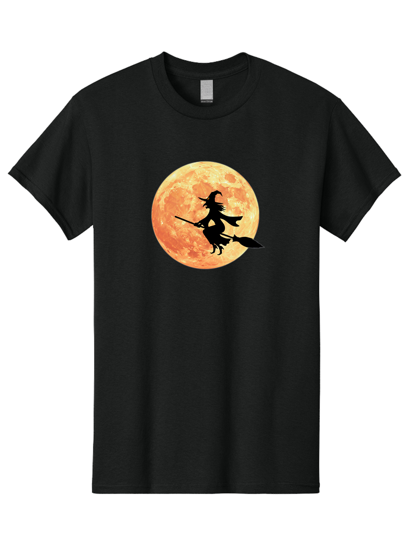 Witch-Flying-On-Broomstick Men'S Graphic Tee, 100% Cotton, Comfortable Casual Summer Wear, Machine Washable, Witch Flying On Broomstick, Full Moon, Orange Moon, Silhouette, Magic, Halloween, Witchcraft, Flying Witch, Mystical, Bad923