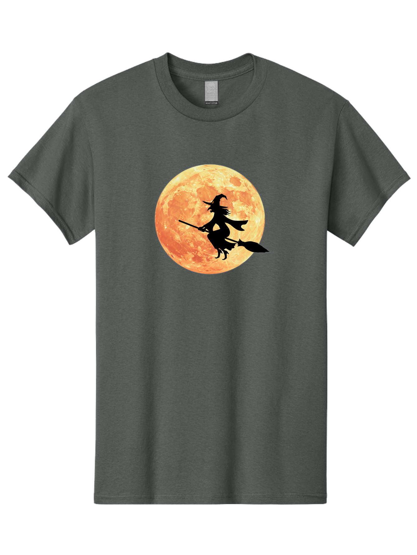 Witch-Flying-On-Broomstick Men'S Graphic Tee, 100% Cotton, Comfortable Casual Summer Wear, Machine Washable, Witch Flying On Broomstick, Full Moon, Orange Moon, Silhouette, Magic, Halloween, Witchcraft, Flying Witch, Mystical, Bad923