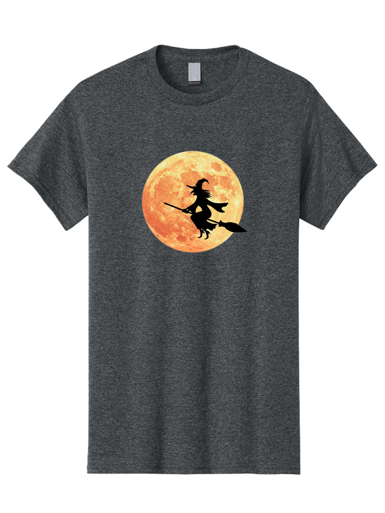 Witch-Flying-On-Broomstick Men'S Graphic Tee, 100% Cotton, Comfortable Casual Summer Wear, Machine Washable, Witch Flying On Broomstick, Full Moon, Orange Moon, Silhouette, Magic, Halloween, Witchcraft, Flying Witch, Mystical, Bad923
