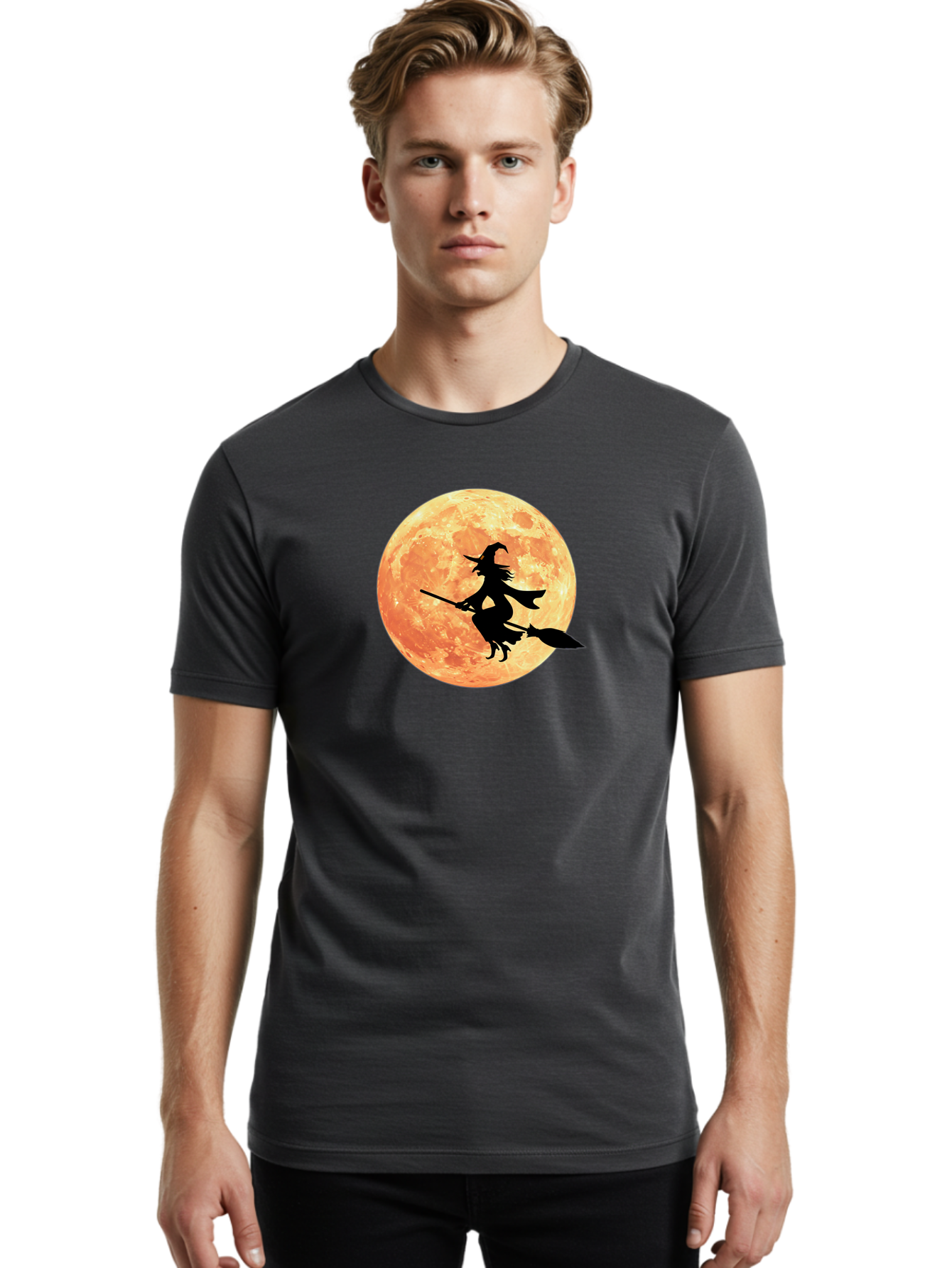 Witch-Flying-On-Broomstick Men'S Graphic Tee, 100% Cotton, Comfortable Casual Summer Wear, Machine Washable, Witch Flying On Broomstick, Full Moon, Orange Moon, Silhouette, Magic, Halloween, Witchcraft, Flying Witch, Mystical, Bad923