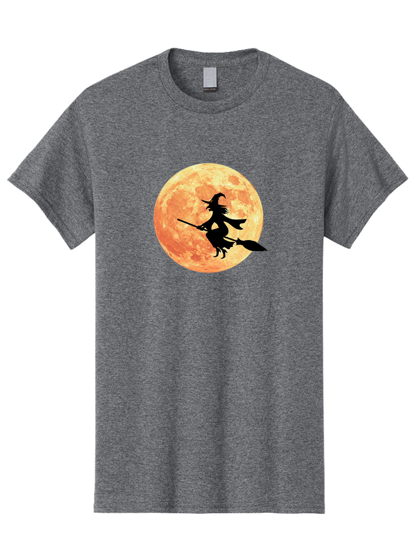 Witch-Flying-On-Broomstick Men'S Graphic Tee, 100% Cotton, Comfortable Casual Summer Wear, Machine Washable, Witch Flying On Broomstick, Full Moon, Orange Moon, Silhouette, Magic, Halloween, Witchcraft, Flying Witch, Mystical, Bad923