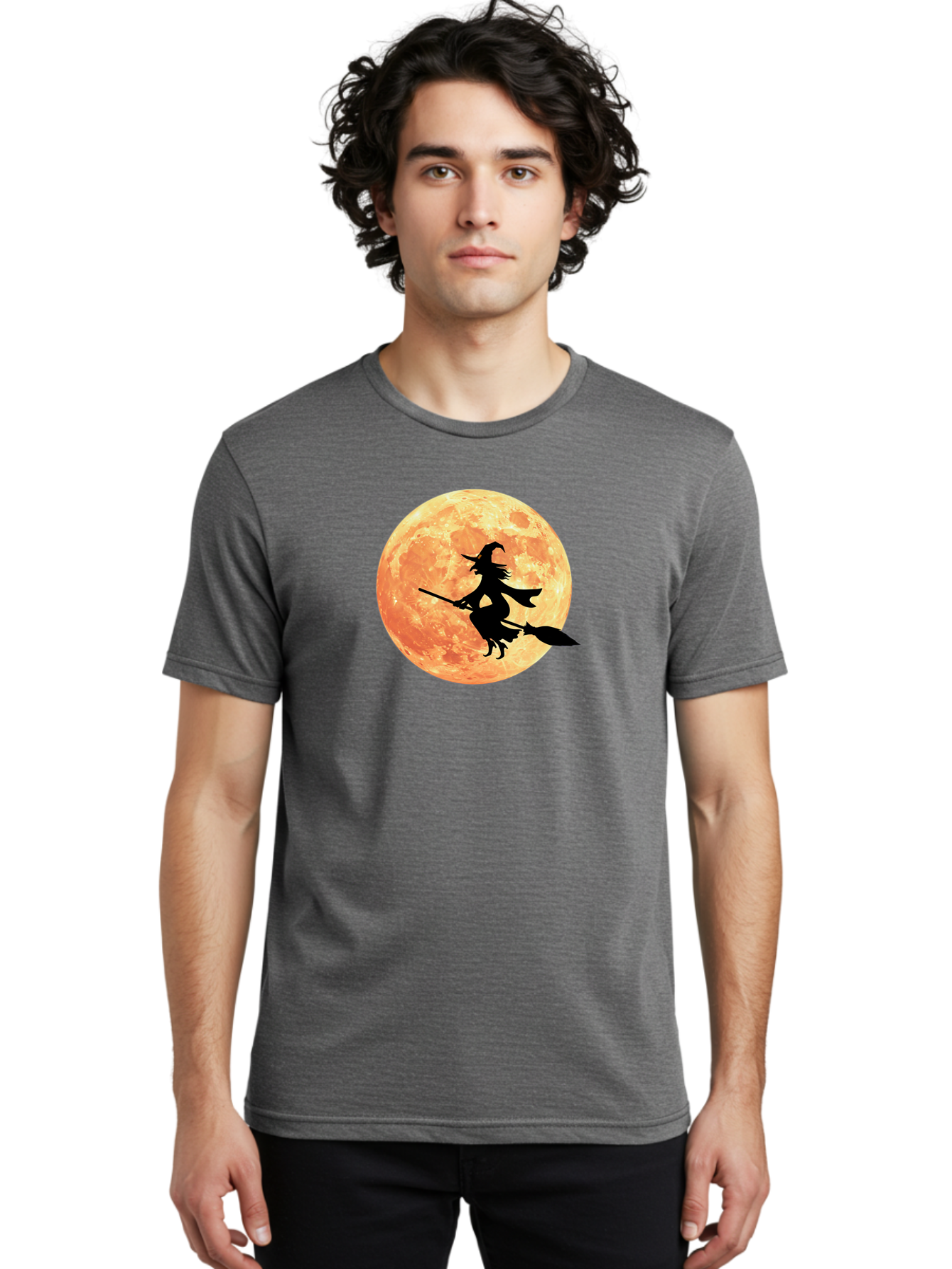 Witch-Flying-On-Broomstick Men'S Graphic Tee, 100% Cotton, Comfortable Casual Summer Wear, Machine Washable, Witch Flying On Broomstick, Full Moon, Orange Moon, Silhouette, Magic, Halloween, Witchcraft, Flying Witch, Mystical, Bad923