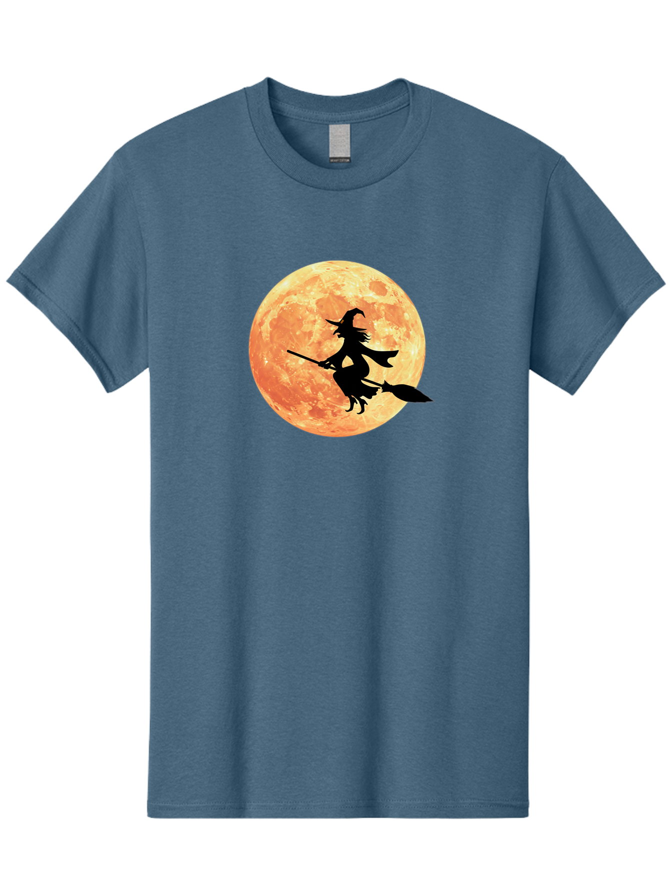 Witch-Flying-On-Broomstick Men'S Graphic Tee, 100% Cotton, Comfortable Casual Summer Wear, Machine Washable, Witch Flying On Broomstick, Full Moon, Orange Moon, Silhouette, Magic, Halloween, Witchcraft, Flying Witch, Mystical, Bad923