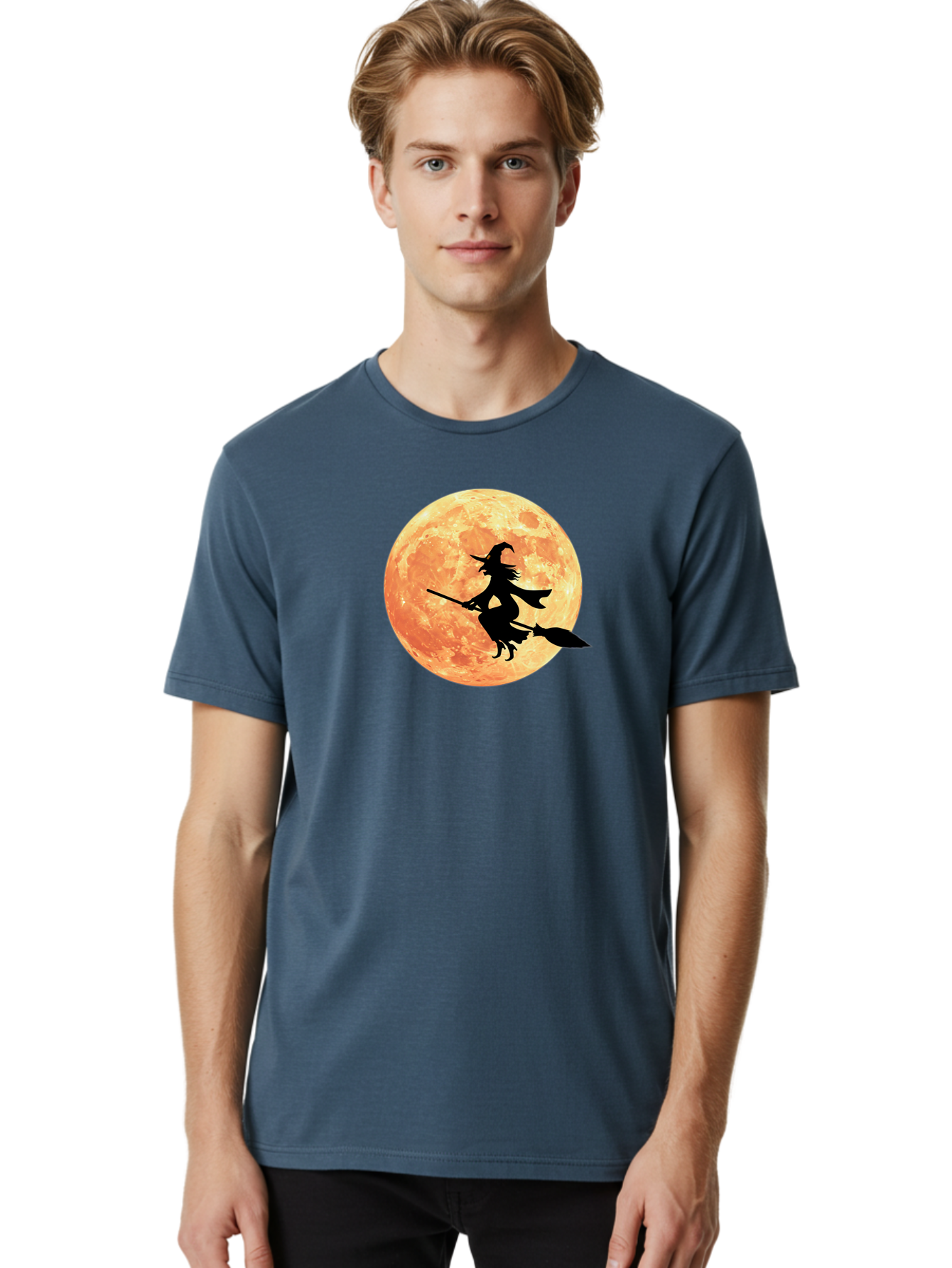 Witch-Flying-On-Broomstick Men'S Graphic Tee, 100% Cotton, Comfortable Casual Summer Wear, Machine Washable, Witch Flying On Broomstick, Full Moon, Orange Moon, Silhouette, Magic, Halloween, Witchcraft, Flying Witch, Mystical, Bad923