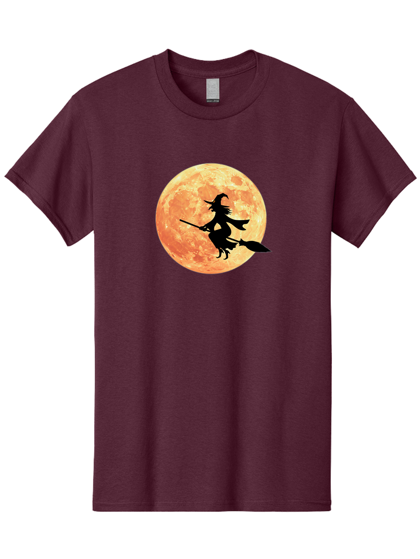 Witch-Flying-On-Broomstick Men'S Graphic Tee, 100% Cotton, Comfortable Casual Summer Wear, Machine Washable, Witch Flying On Broomstick, Full Moon, Orange Moon, Silhouette, Magic, Halloween, Witchcraft, Flying Witch, Mystical, Bad923