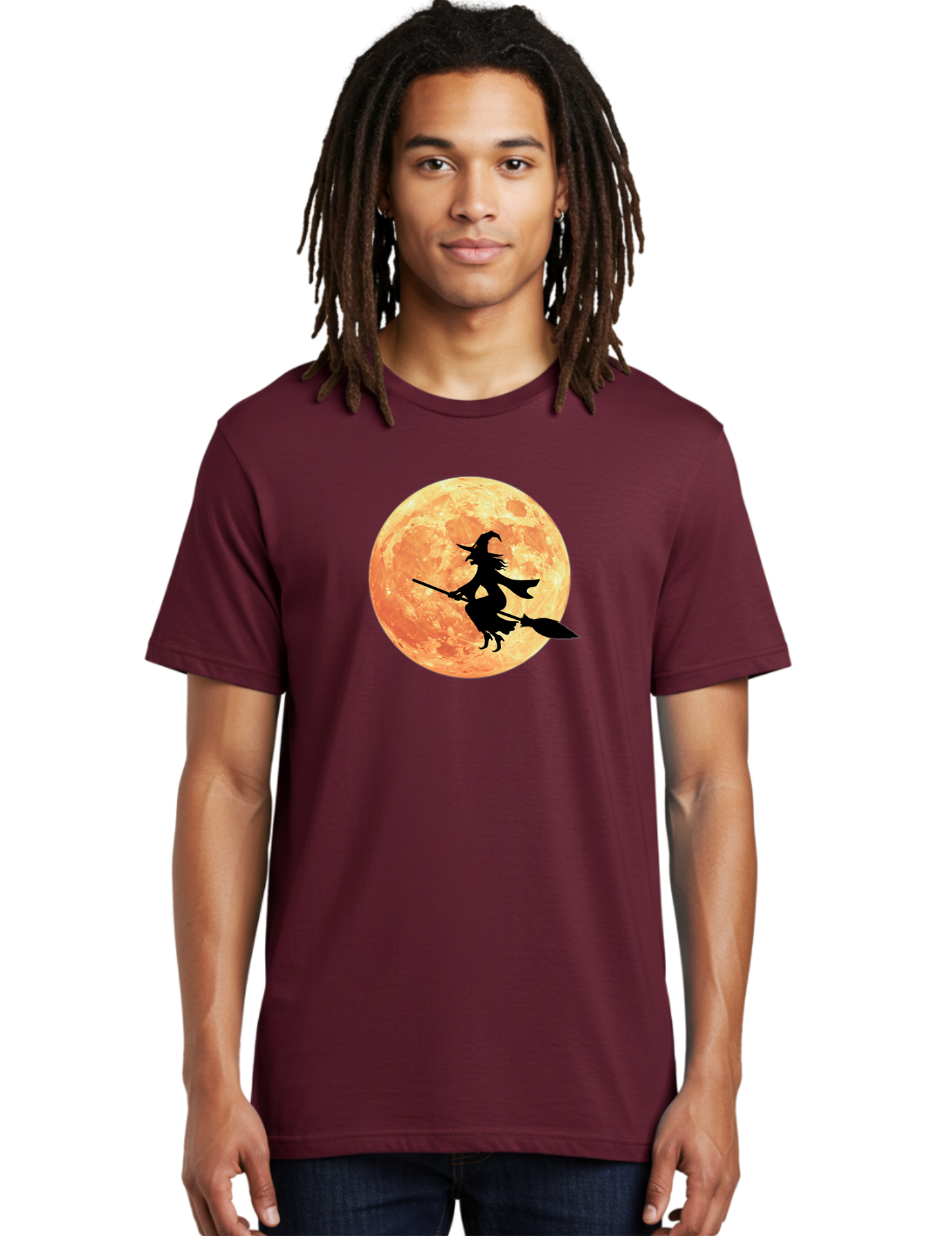 Witch-Flying-On-Broomstick Men'S Graphic Tee, 100% Cotton, Comfortable Casual Summer Wear, Machine Washable, Witch Flying On Broomstick, Full Moon, Orange Moon, Silhouette, Magic, Halloween, Witchcraft, Flying Witch, Mystical, Bad923