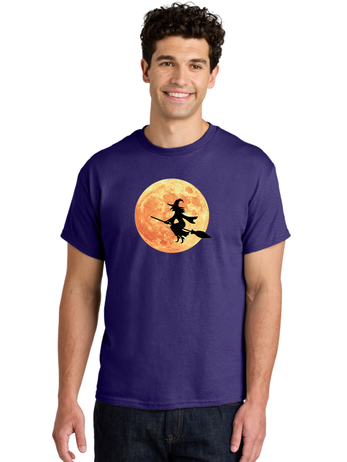 Witch-Flying-On-Broomstick Men'S Graphic Tee, 100% Cotton, Comfortable Casual Summer Wear, Machine Washable, Witch Flying On Broomstick, Full Moon, Orange Moon, Silhouette, Magic, Halloween, Witchcraft, Flying Witch, Mystical, Bad923