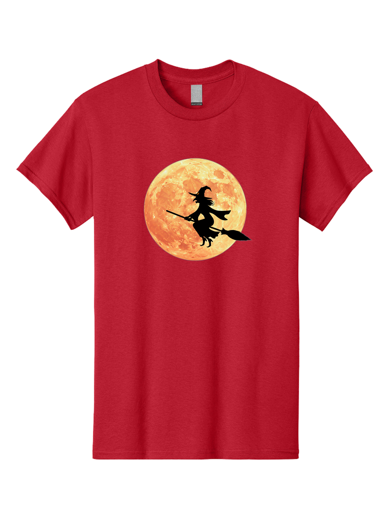 Witch-Flying-On-Broomstick Men'S Graphic Tee, 100% Cotton, Comfortable Casual Summer Wear, Machine Washable, Witch Flying On Broomstick, Full Moon, Orange Moon, Silhouette, Magic, Halloween, Witchcraft, Flying Witch, Mystical, Bad923