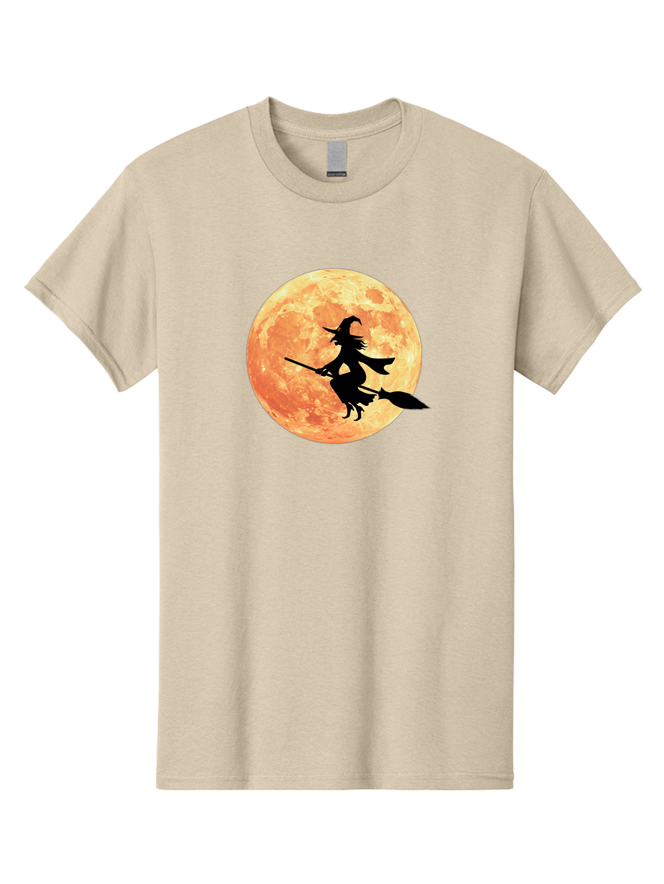 Witch-Flying-On-Broomstick Men'S Graphic Tee, 100% Cotton, Comfortable Casual Summer Wear, Machine Washable, Witch Flying On Broomstick, Full Moon, Orange Moon, Silhouette, Magic, Halloween, Witchcraft, Flying Witch, Mystical, Bad923