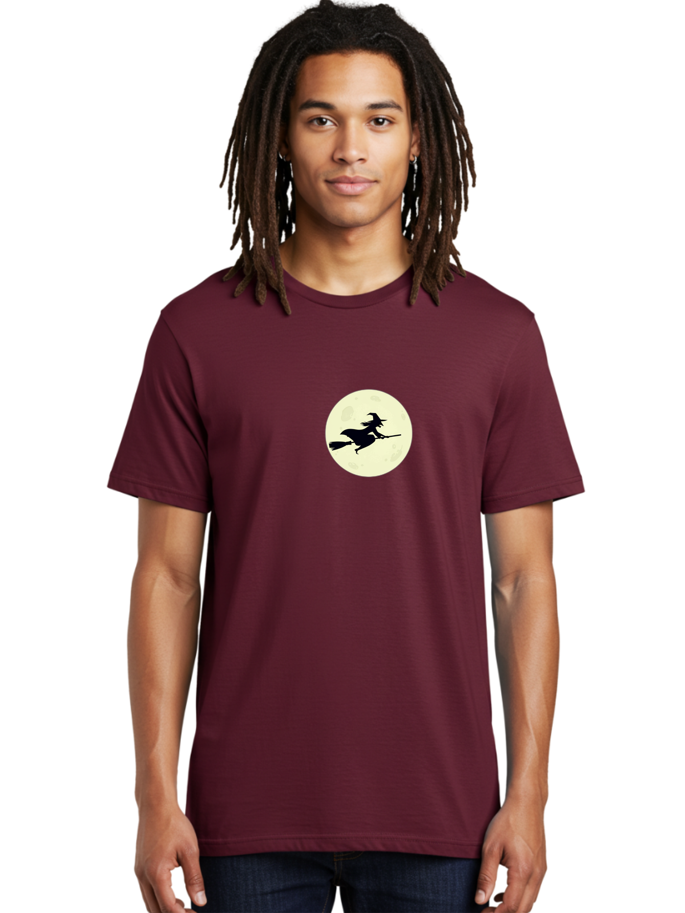 Witch-Flying-On-Moon Men'S Graphic Tee, 100% Cotton, Comfortable Casual Summer Wear, Machine Washable, Witch On Broomstick, Flying Witch, Halloween Symbol, Magic Spell, Mystical Night, Full Moon, Black Silhouette, Witchcraft, Bad924