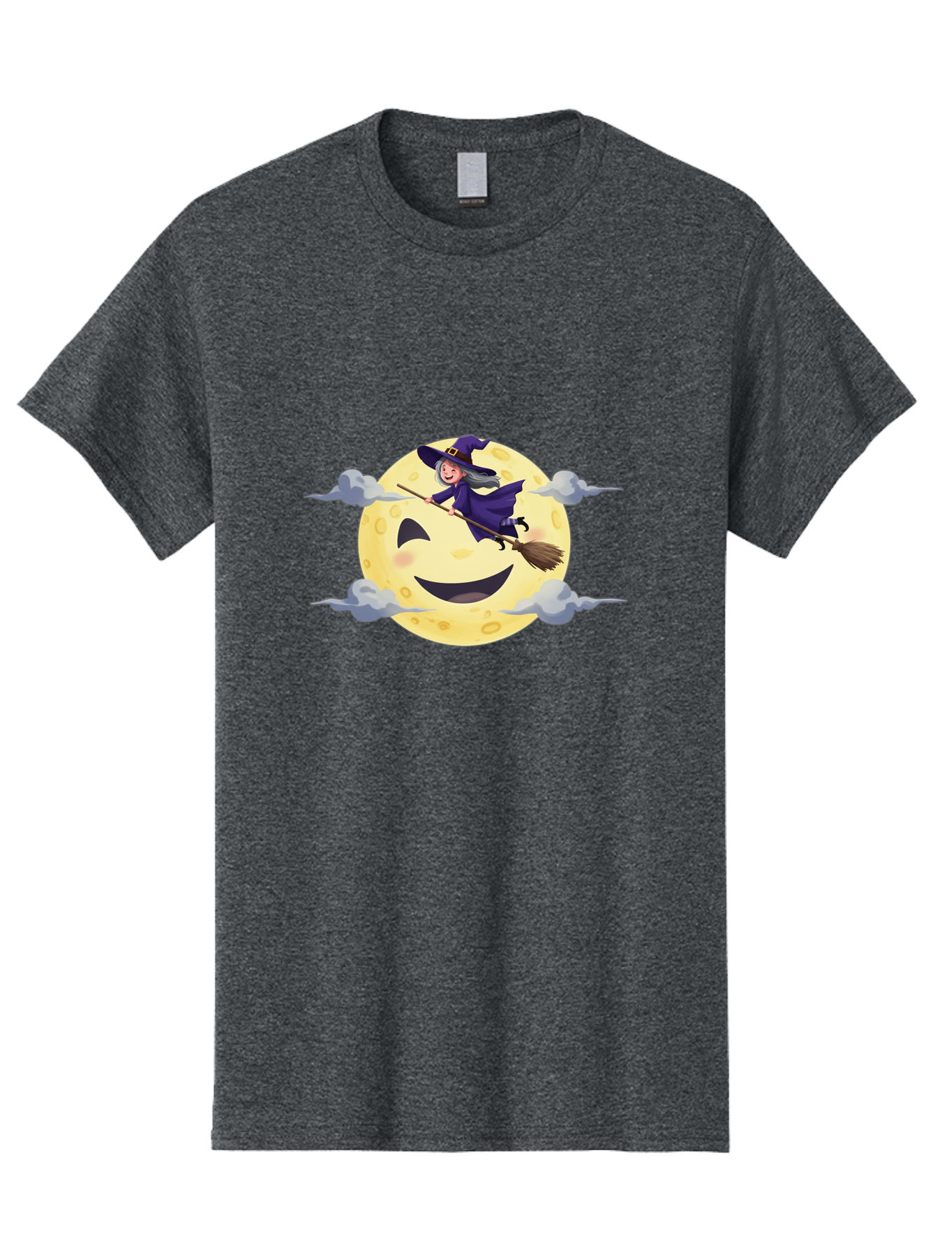 Witch-On-Broomstick-1 Men'S Graphic Tee, 100% Cotton, Comfortable Casual Summer Wear, Machine Washable, Witch Flying On Broomstick, Jack O'Lantern Moon, Halloween Scene, Cartoon Style, Smiling Moon, Spooky Atmosphere, Autumnal Theme, Bad925