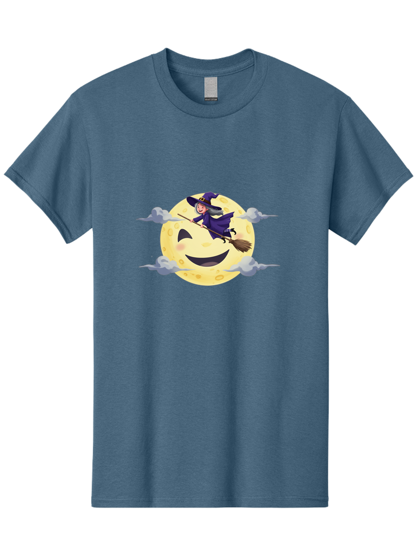 Witch-On-Broomstick-1 Men'S Graphic Tee, 100% Cotton, Comfortable Casual Summer Wear, Machine Washable, Witch Flying On Broomstick, Jack O'Lantern Moon, Halloween Scene, Cartoon Style, Smiling Moon, Spooky Atmosphere, Autumnal Theme, Bad925