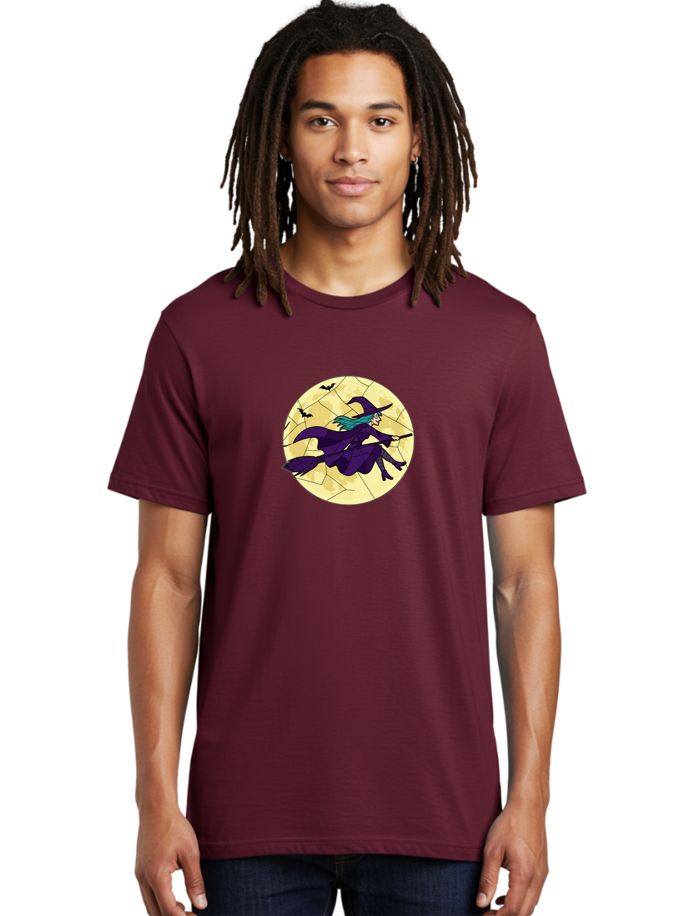 Witch-On-Broomstick Men'S Graphic Tee, 100% Cotton, Comfortable Casual Summer Wear, Machine Washable, Witch Flying On Broomstick, Full Moon, Bats Flying, Purple Dress, Magic Spell, Halloween Theme, Mystical Night, Spooky Atmosphere Bad926