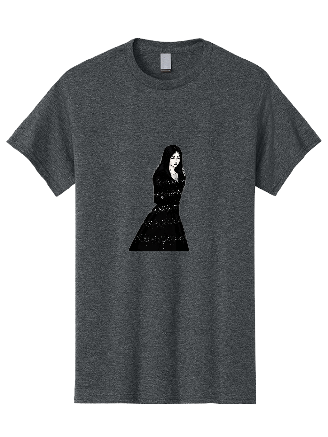 Woman-In-Black-Dress Men'S Graphic Tee, 100% Cotton, Comfortable Casual Summer Wear, Machine Washable, Woman In Black Dress, Long Black Hair, Elegant Jewelry, Sparkling Dress, Dark Beauty, Fashion Illustration, Mysterious Woman, Bad928
