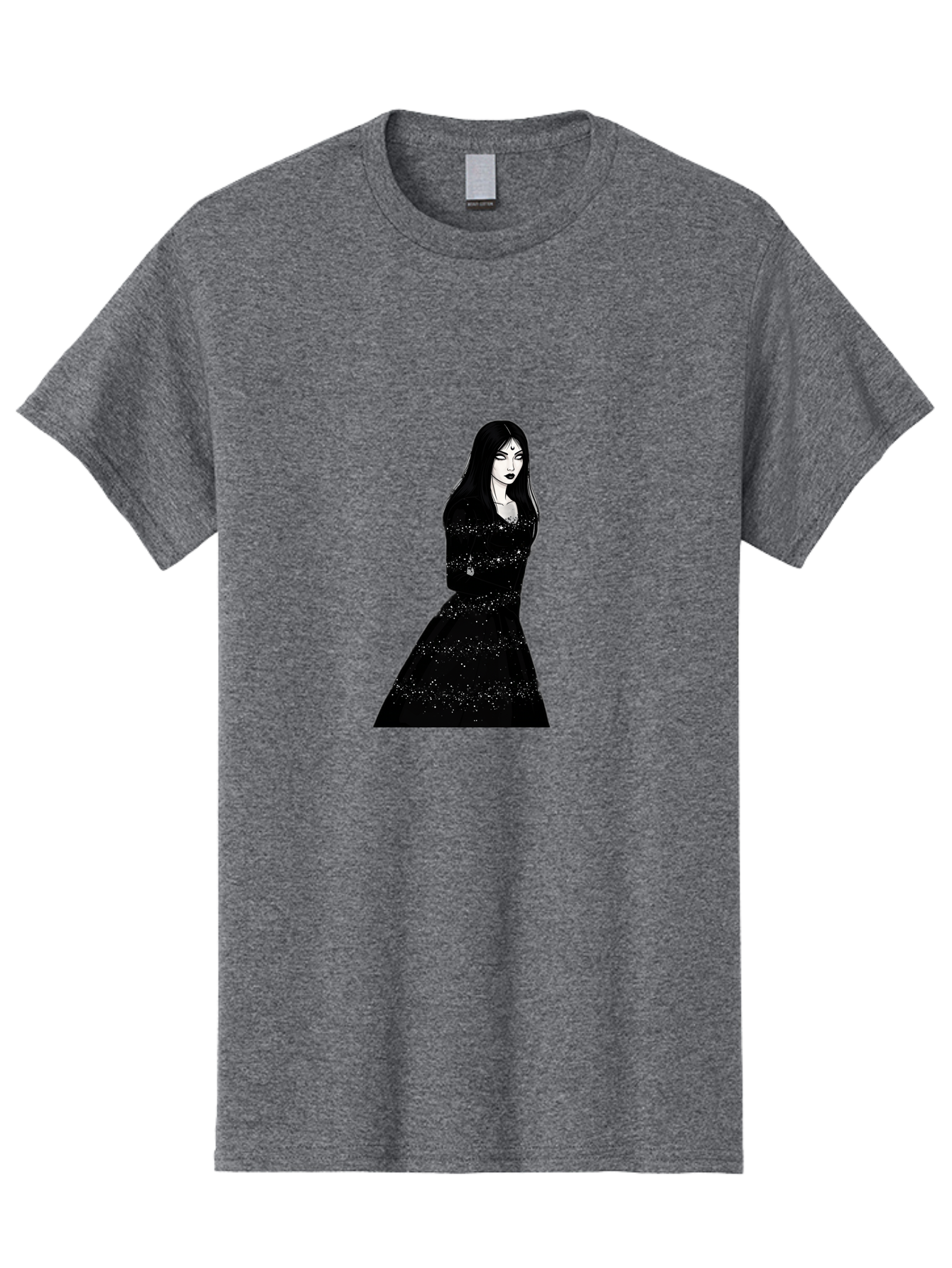Woman-In-Black-Dress Men'S Graphic Tee, 100% Cotton, Comfortable Casual Summer Wear, Machine Washable, Woman In Black Dress, Long Black Hair, Elegant Jewelry, Sparkling Dress, Dark Beauty, Fashion Illustration, Mysterious Woman, Bad928
