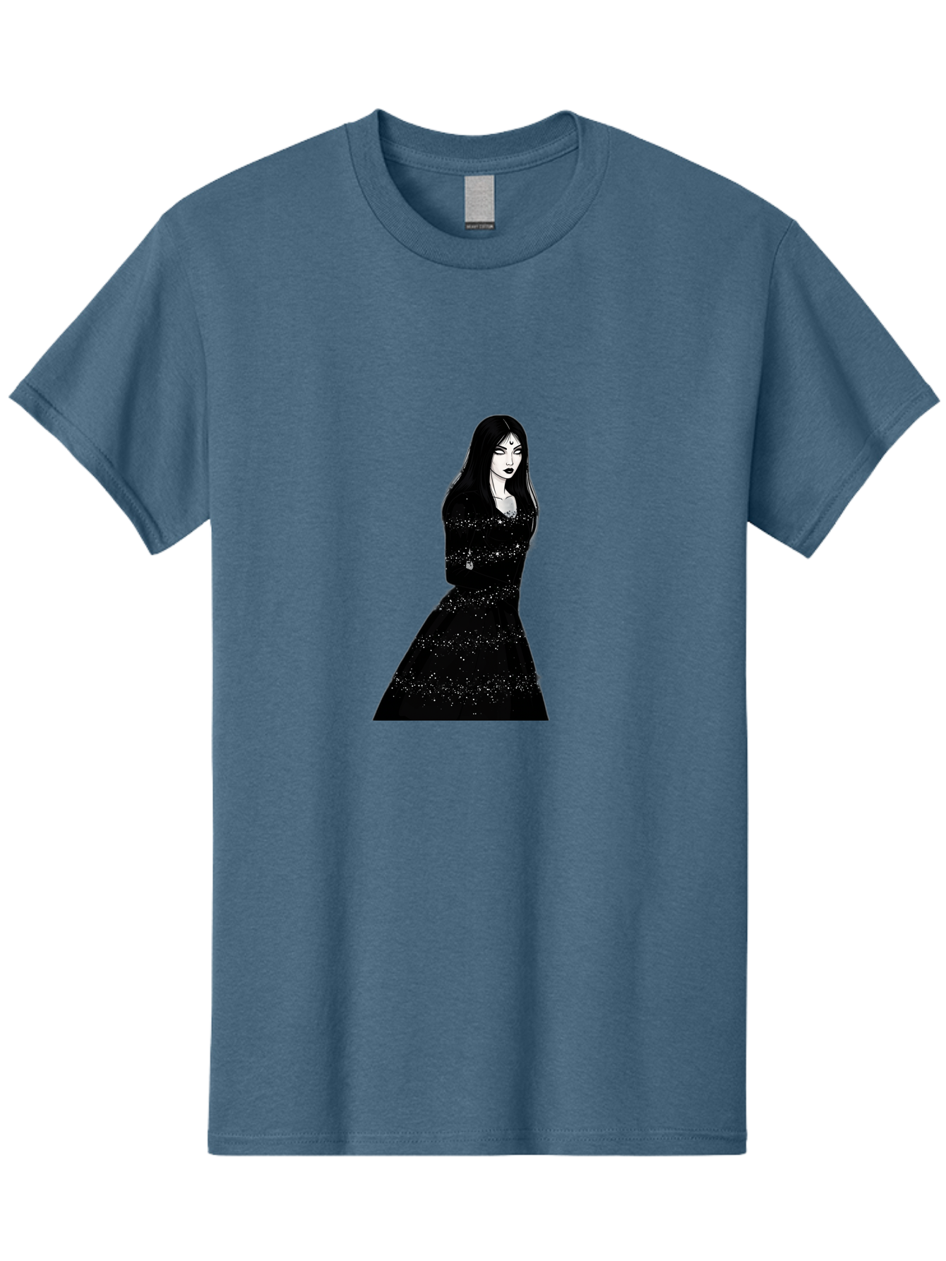 Woman-In-Black-Dress Men'S Graphic Tee, 100% Cotton, Comfortable Casual Summer Wear, Machine Washable, Woman In Black Dress, Long Black Hair, Elegant Jewelry, Sparkling Dress, Dark Beauty, Fashion Illustration, Mysterious Woman, Bad928