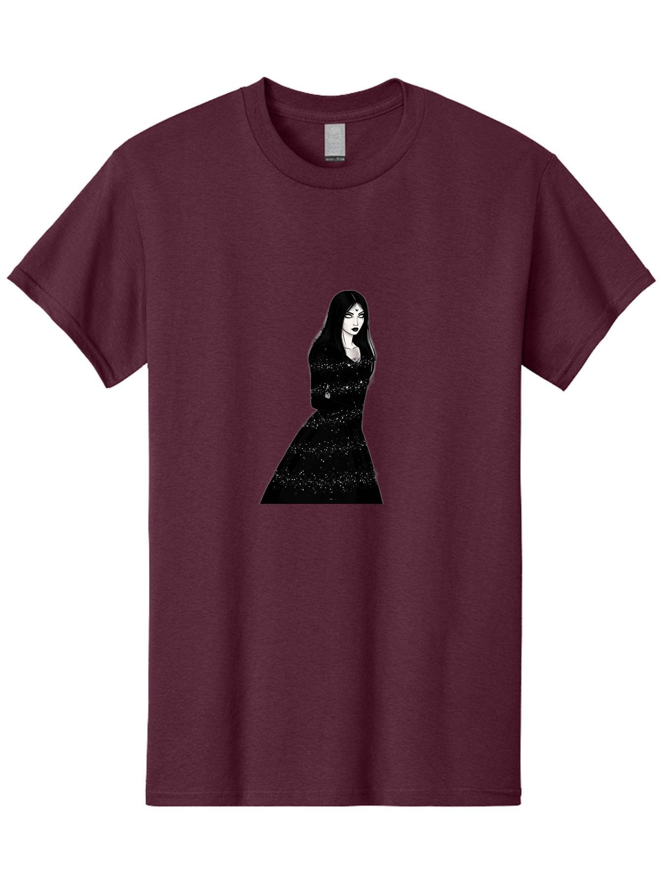 Woman-In-Black-Dress Men'S Graphic Tee, 100% Cotton, Comfortable Casual Summer Wear, Machine Washable, Woman In Black Dress, Long Black Hair, Elegant Jewelry, Sparkling Dress, Dark Beauty, Fashion Illustration, Mysterious Woman, Bad928