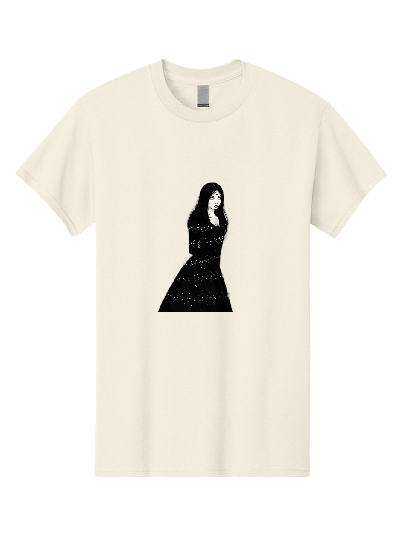 Woman-In-Black-Dress Men'S Graphic Tee, 100% Cotton, Comfortable Casual Summer Wear, Machine Washable, Woman In Black Dress, Long Black Hair, Elegant Jewelry, Sparkling Dress, Dark Beauty, Fashion Illustration, Mysterious Woman, Bad928