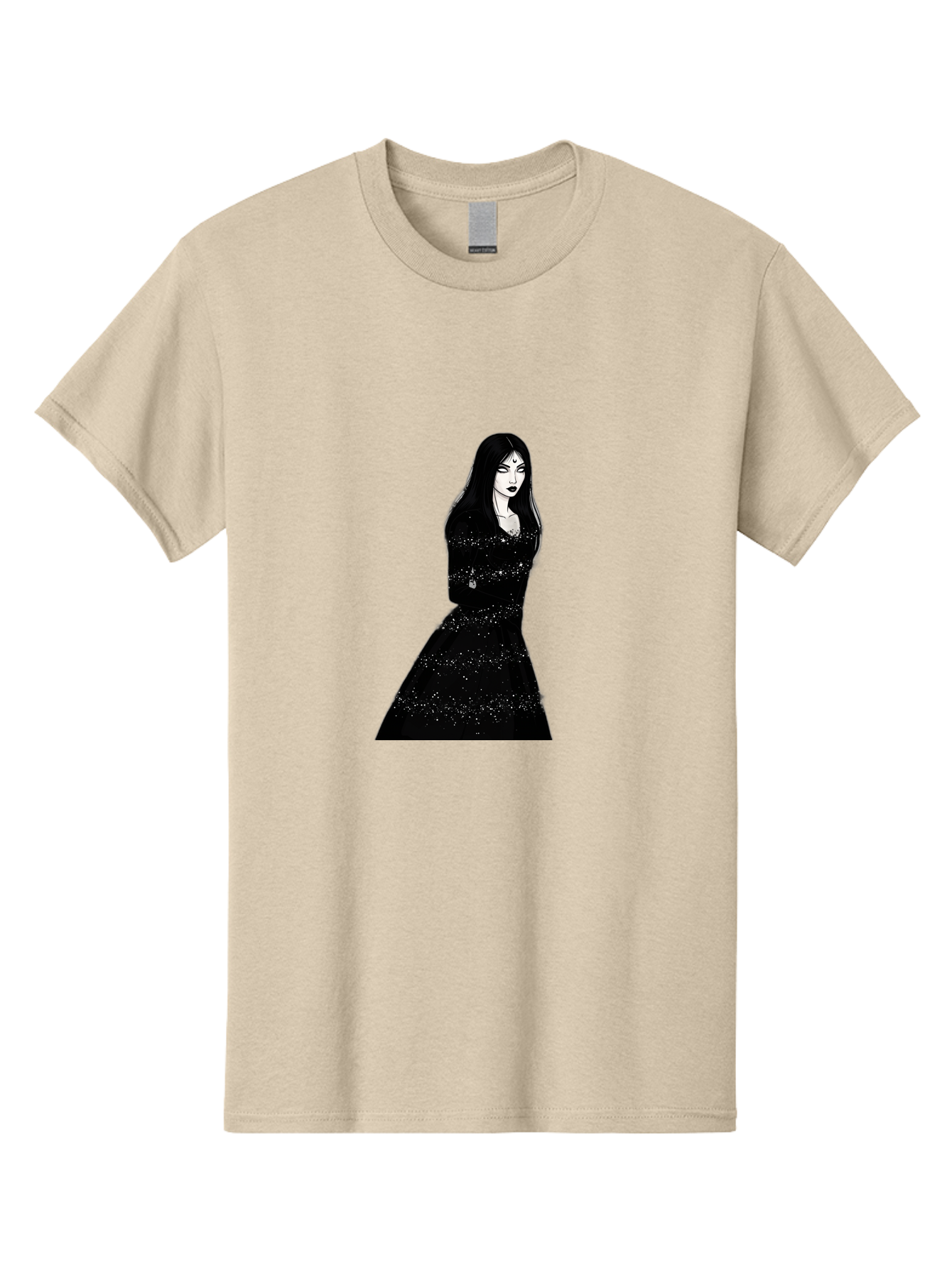 Woman-In-Black-Dress Men'S Graphic Tee, 100% Cotton, Comfortable Casual Summer Wear, Machine Washable, Woman In Black Dress, Long Black Hair, Elegant Jewelry, Sparkling Dress, Dark Beauty, Fashion Illustration, Mysterious Woman, Bad928