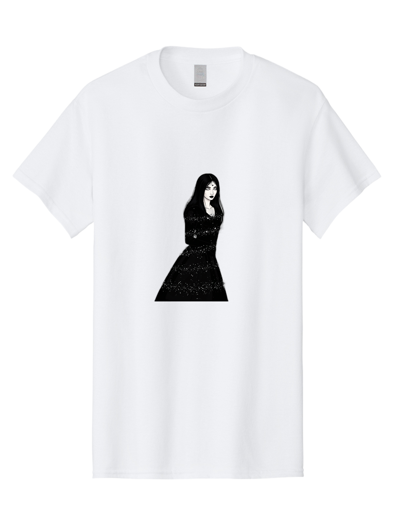 Woman-In-Black-Dress Men'S Graphic Tee, 100% Cotton, Comfortable Casual Summer Wear, Machine Washable, Woman In Black Dress, Long Black Hair, Elegant Jewelry, Sparkling Dress, Dark Beauty, Fashion Illustration, Mysterious Woman, Bad928