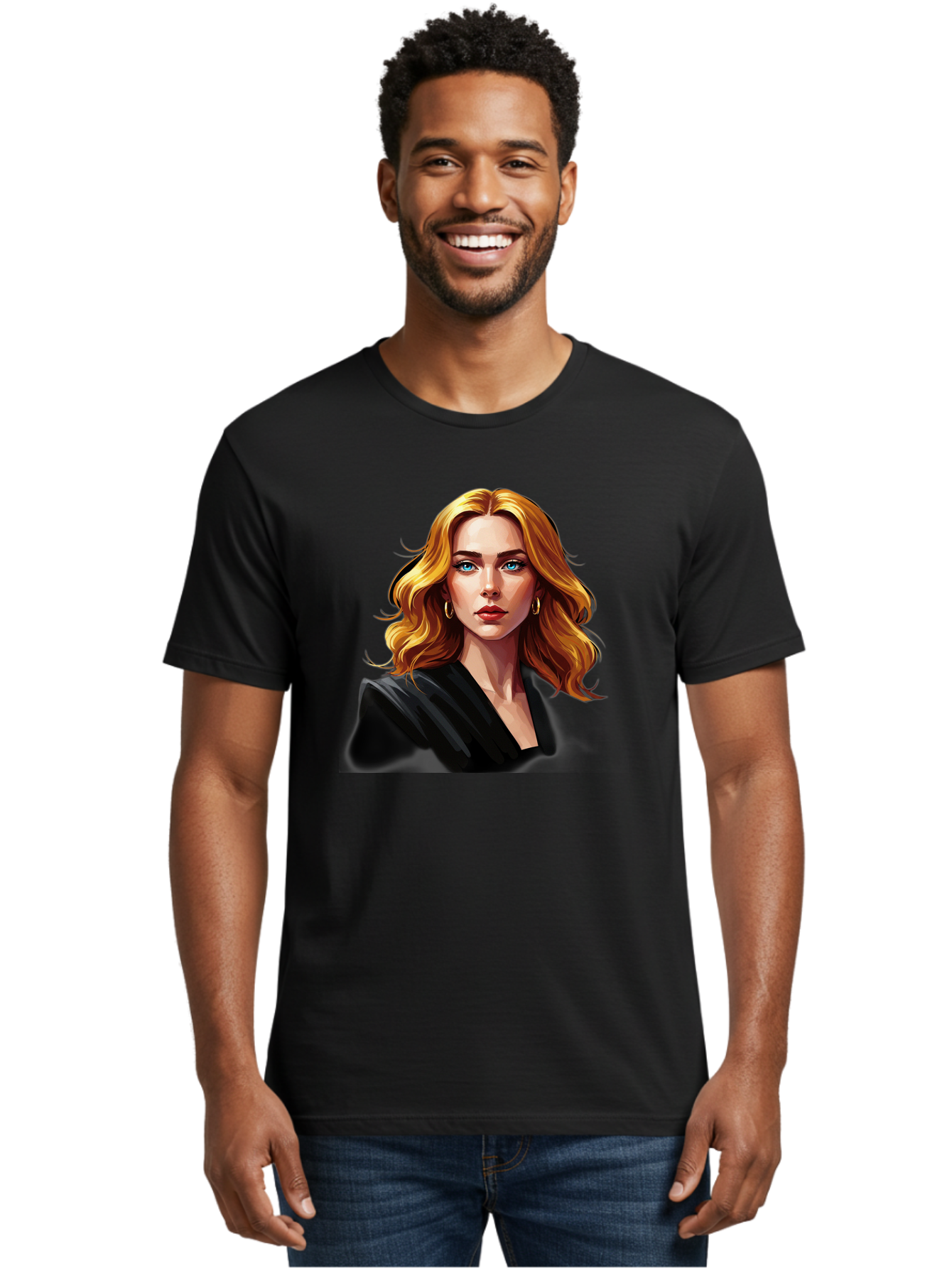 Woman-Portrait-1 Men'S Graphic Tee, 100% Cotton, Comfortable Casual Summer Wear, Machine Washable, Blonde Woman, Blue Eyes, Gold Hoop Earrings, Black Jacket, Fashion Portrait, Digital Art, Wavy Hair, Modern Style, Elegant Look, Bad929