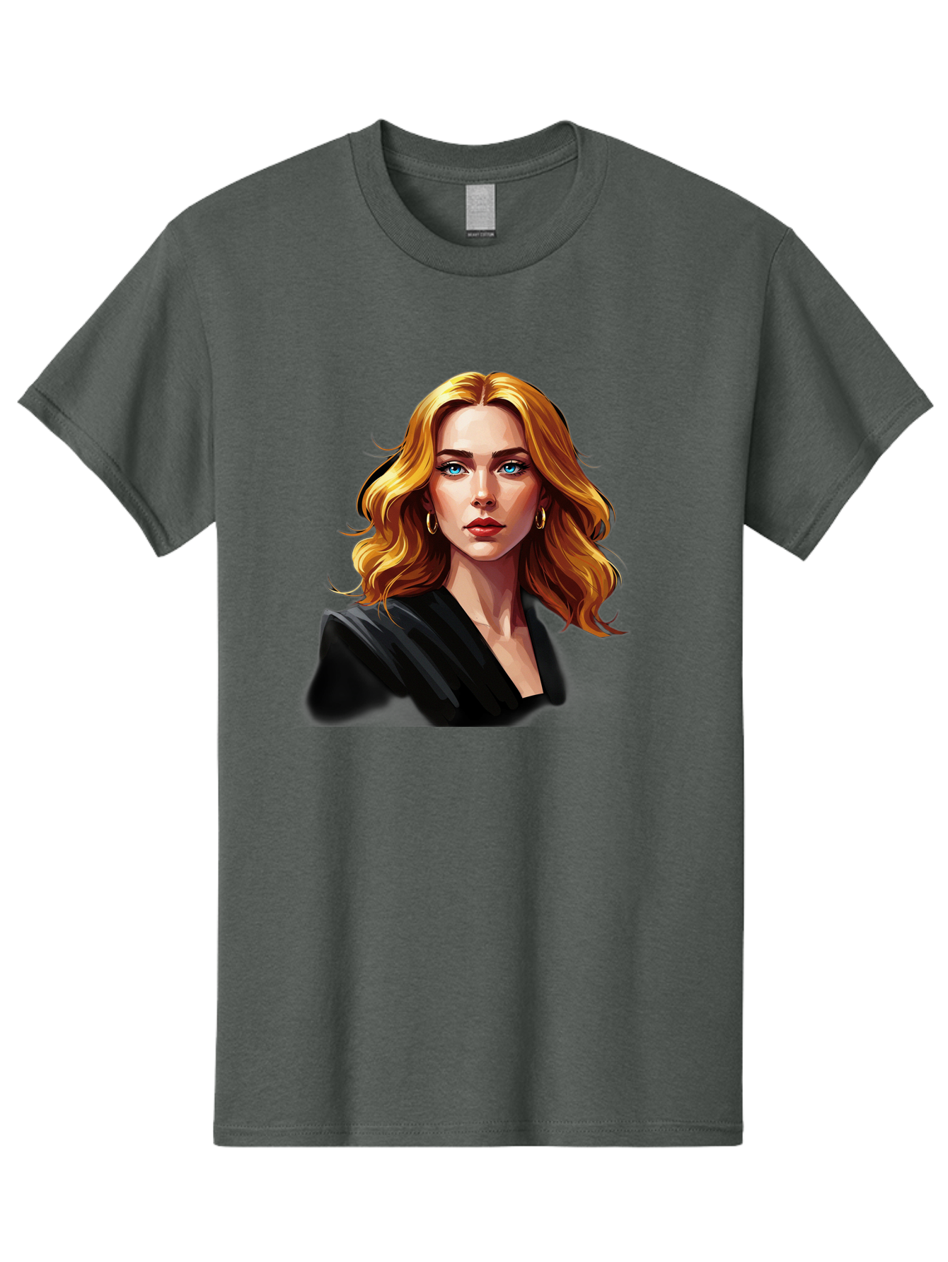 Woman-Portrait-1 Men'S Graphic Tee, 100% Cotton, Comfortable Casual Summer Wear, Machine Washable, Blonde Woman, Blue Eyes, Gold Hoop Earrings, Black Jacket, Fashion Portrait, Digital Art, Wavy Hair, Modern Style, Elegant Look, Bad929