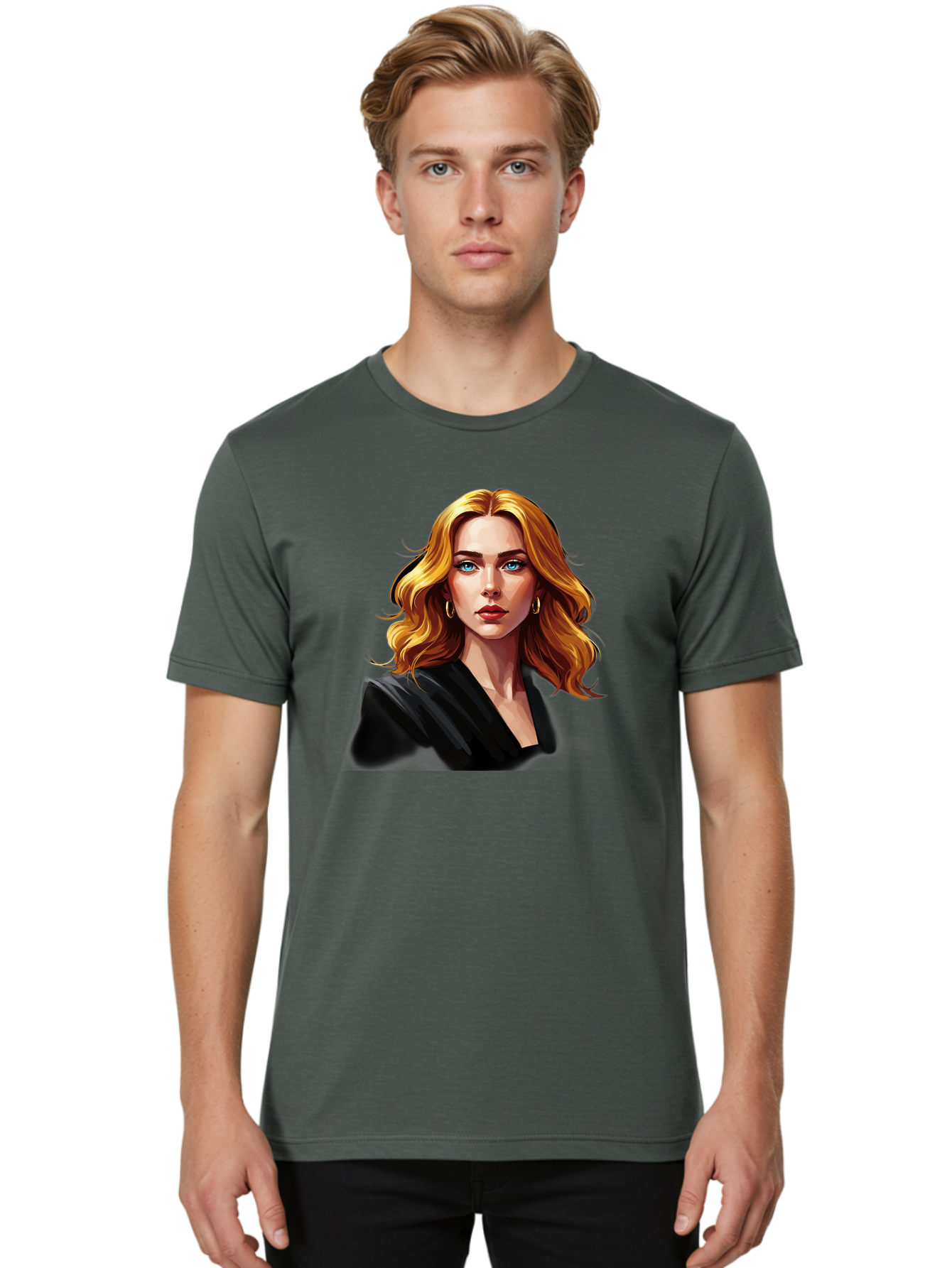 Woman-Portrait-1 Men'S Graphic Tee, 100% Cotton, Comfortable Casual Summer Wear, Machine Washable, Blonde Woman, Blue Eyes, Gold Hoop Earrings, Black Jacket, Fashion Portrait, Digital Art, Wavy Hair, Modern Style, Elegant Look, Bad929