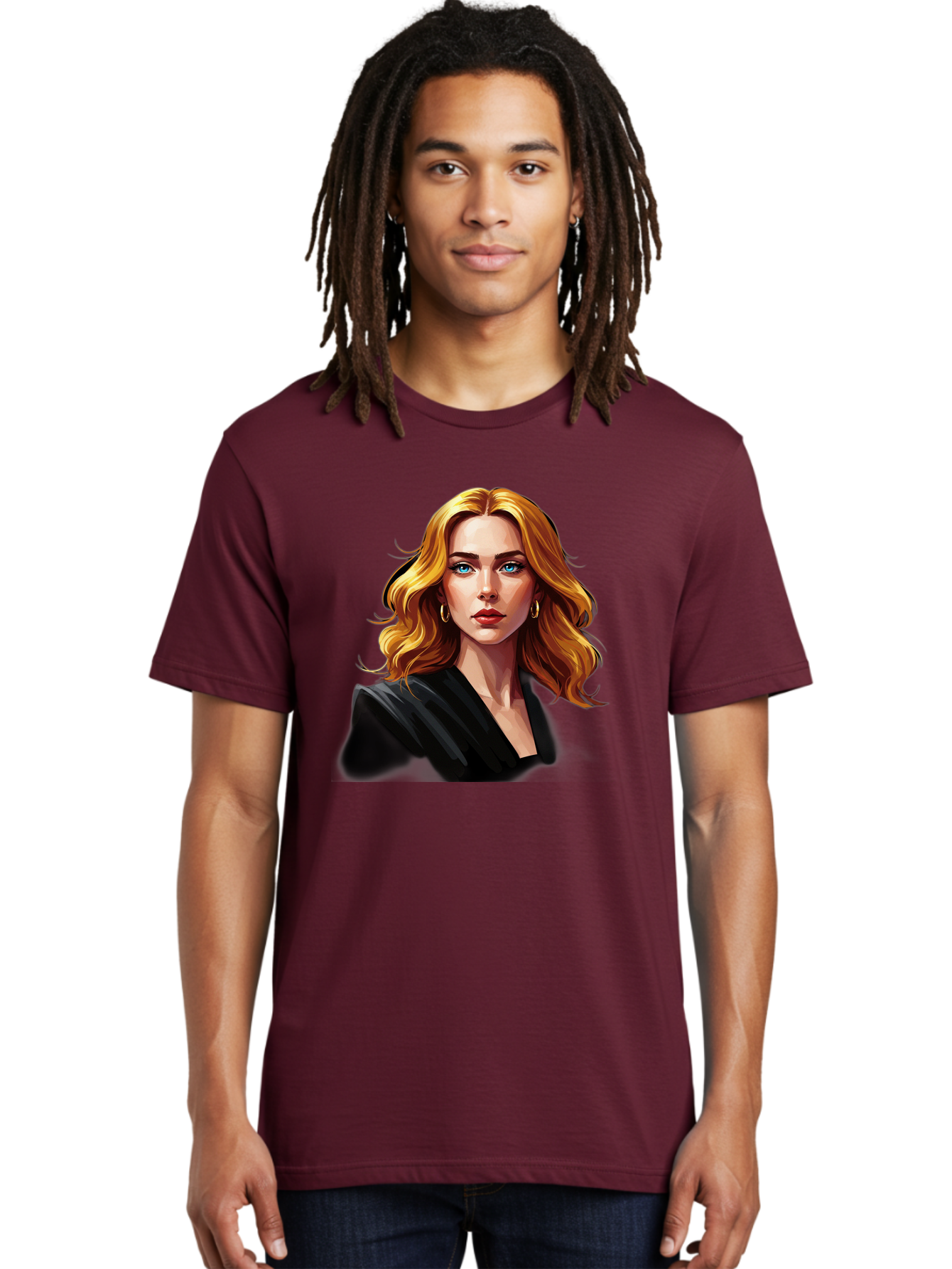 Woman-Portrait-1 Men'S Graphic Tee, 100% Cotton, Comfortable Casual Summer Wear, Machine Washable, Blonde Woman, Blue Eyes, Gold Hoop Earrings, Black Jacket, Fashion Portrait, Digital Art, Wavy Hair, Modern Style, Elegant Look, Bad929