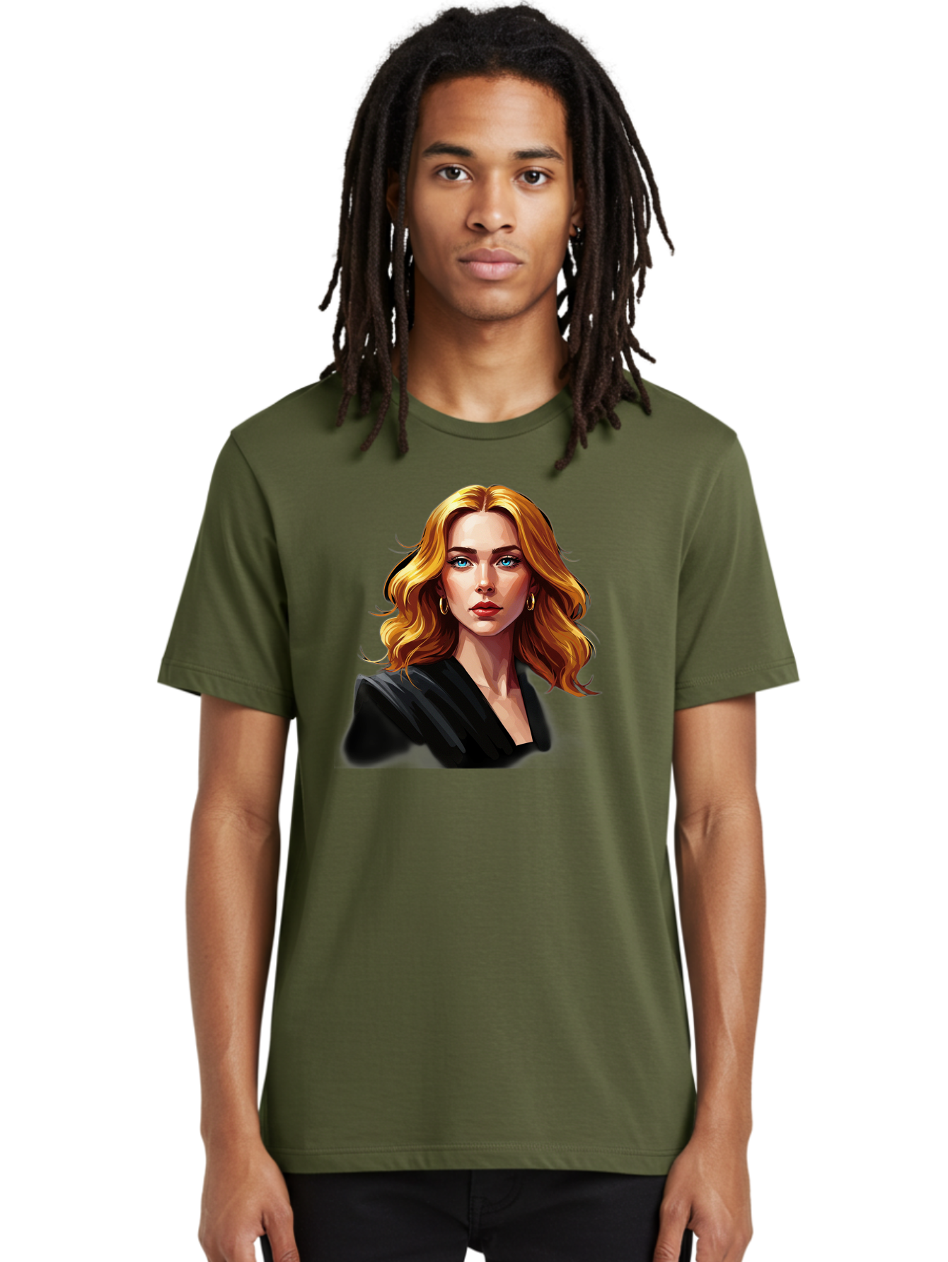 Woman-Portrait-1 Men'S Graphic Tee, 100% Cotton, Comfortable Casual Summer Wear, Machine Washable, Blonde Woman, Blue Eyes, Gold Hoop Earrings, Black Jacket, Fashion Portrait, Digital Art, Wavy Hair, Modern Style, Elegant Look, Bad929
