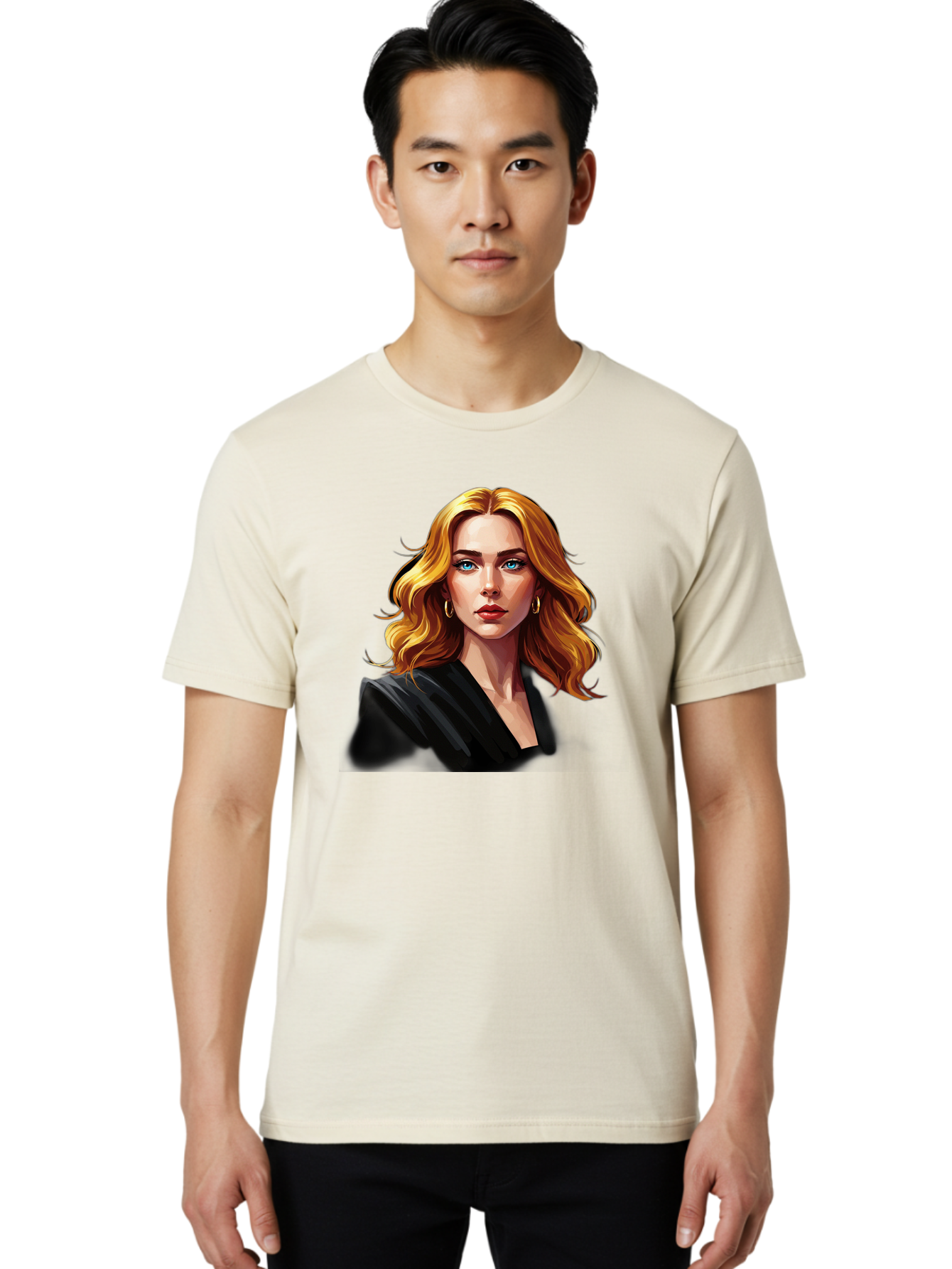 Woman-Portrait-1 Men'S Graphic Tee, 100% Cotton, Comfortable Casual Summer Wear, Machine Washable, Blonde Woman, Blue Eyes, Gold Hoop Earrings, Black Jacket, Fashion Portrait, Digital Art, Wavy Hair, Modern Style, Elegant Look, Bad929