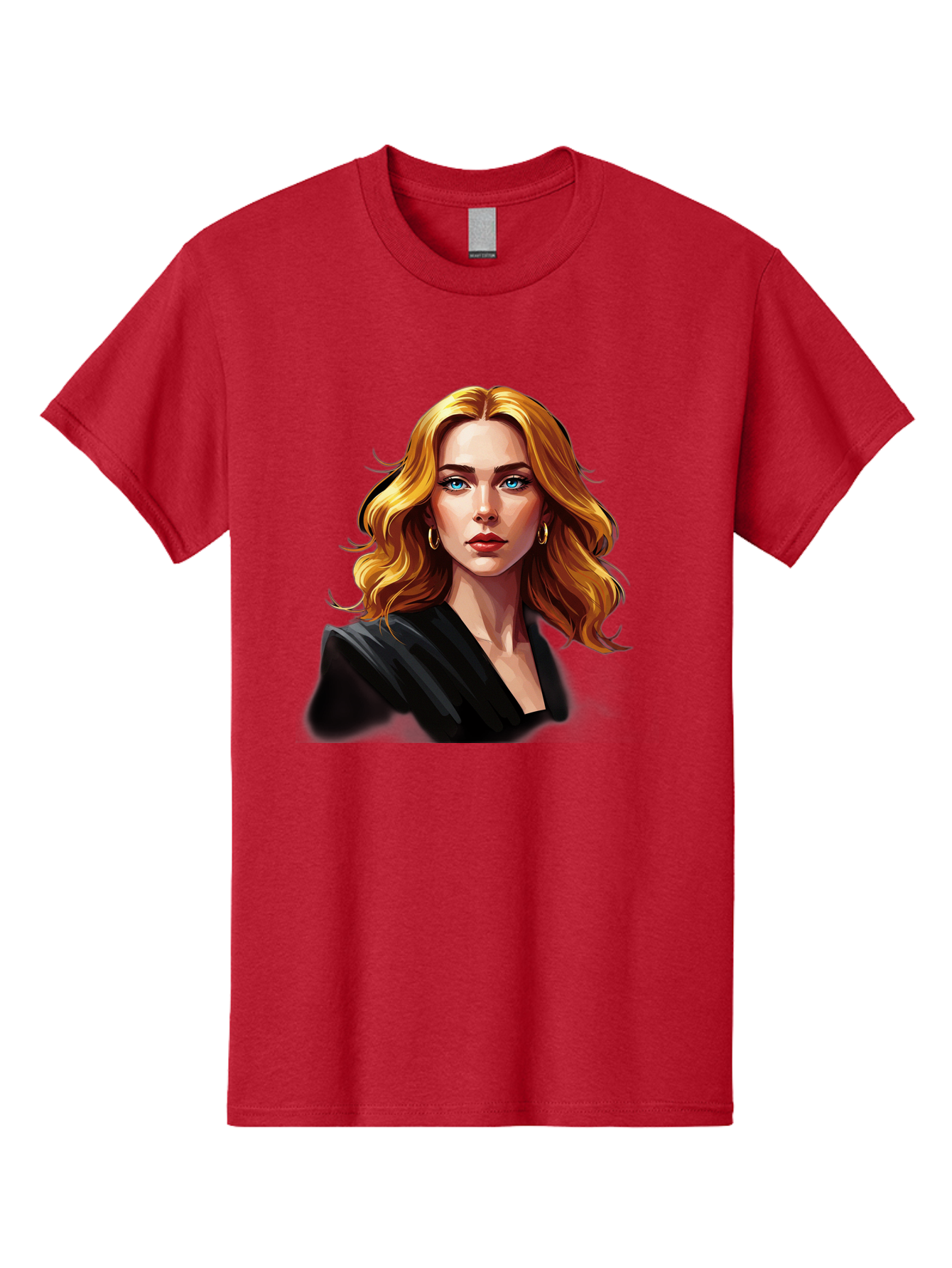 Woman-Portrait-1 Men'S Graphic Tee, 100% Cotton, Comfortable Casual Summer Wear, Machine Washable, Blonde Woman, Blue Eyes, Gold Hoop Earrings, Black Jacket, Fashion Portrait, Digital Art, Wavy Hair, Modern Style, Elegant Look, Bad929