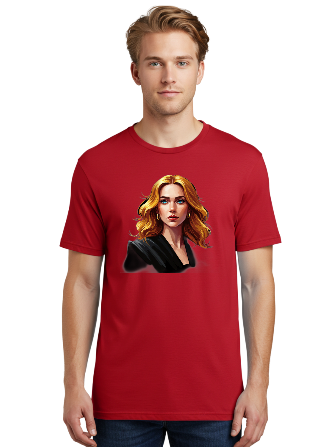 Woman-Portrait-1 Men'S Graphic Tee, 100% Cotton, Comfortable Casual Summer Wear, Machine Washable, Blonde Woman, Blue Eyes, Gold Hoop Earrings, Black Jacket, Fashion Portrait, Digital Art, Wavy Hair, Modern Style, Elegant Look, Bad929