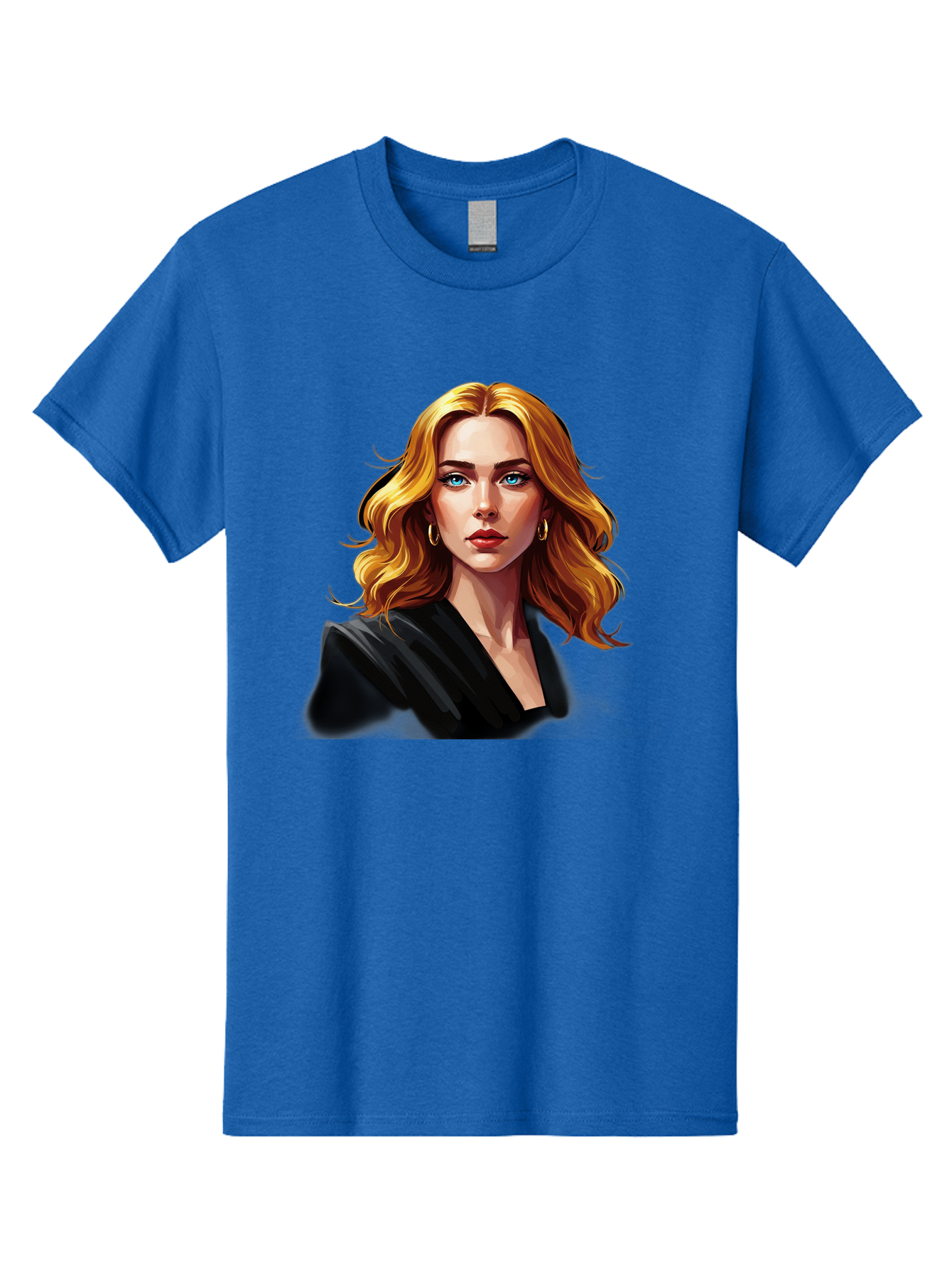 Woman-Portrait-1 Men'S Graphic Tee, 100% Cotton, Comfortable Casual Summer Wear, Machine Washable, Blonde Woman, Blue Eyes, Gold Hoop Earrings, Black Jacket, Fashion Portrait, Digital Art, Wavy Hair, Modern Style, Elegant Look, Bad929