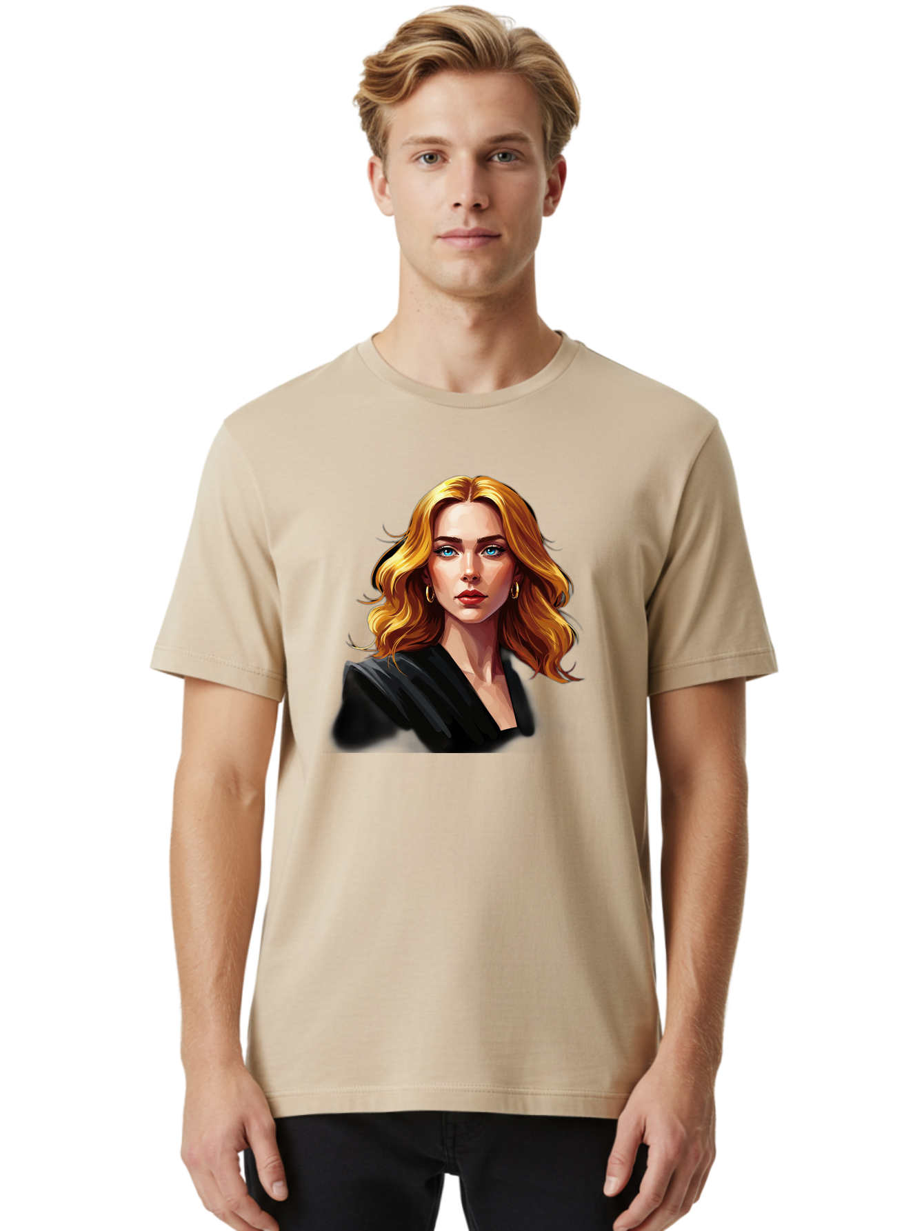 Woman-Portrait-1 Men'S Graphic Tee, 100% Cotton, Comfortable Casual Summer Wear, Machine Washable, Blonde Woman, Blue Eyes, Gold Hoop Earrings, Black Jacket, Fashion Portrait, Digital Art, Wavy Hair, Modern Style, Elegant Look, Bad929