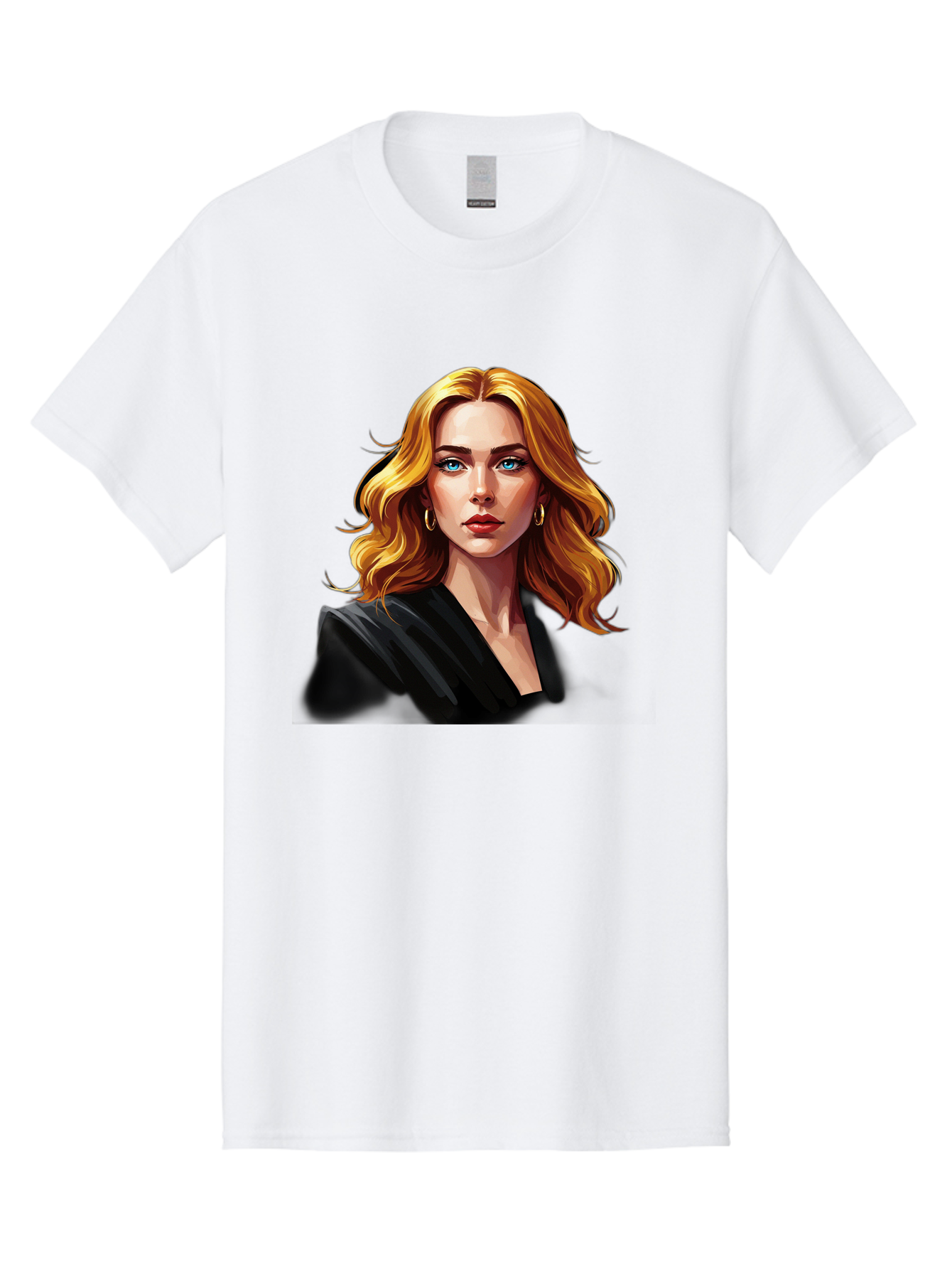 Woman-Portrait-1 Men'S Graphic Tee, 100% Cotton, Comfortable Casual Summer Wear, Machine Washable, Blonde Woman, Blue Eyes, Gold Hoop Earrings, Black Jacket, Fashion Portrait, Digital Art, Wavy Hair, Modern Style, Elegant Look, Bad929