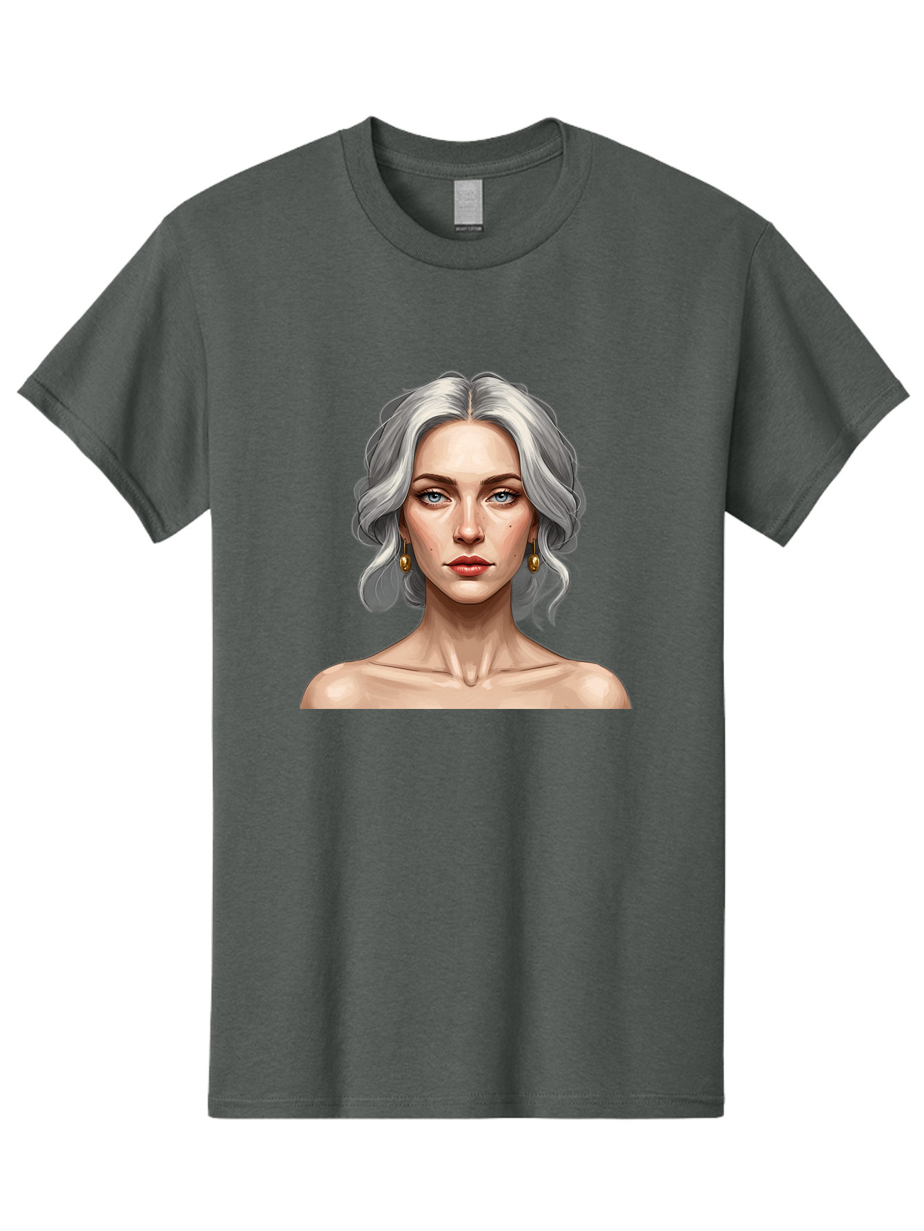 Woman-Portrait Men'S Graphic Tee, 100% Cotton, Comfortable Casual Summer Wear, Machine Washable, Silver Hair, Blue Eyes, Elegant Earrings, Digital Illustration, Portrait, Female Character, Modern Art, Captivating Gaze, Shoulder-Length Hair, Bad930